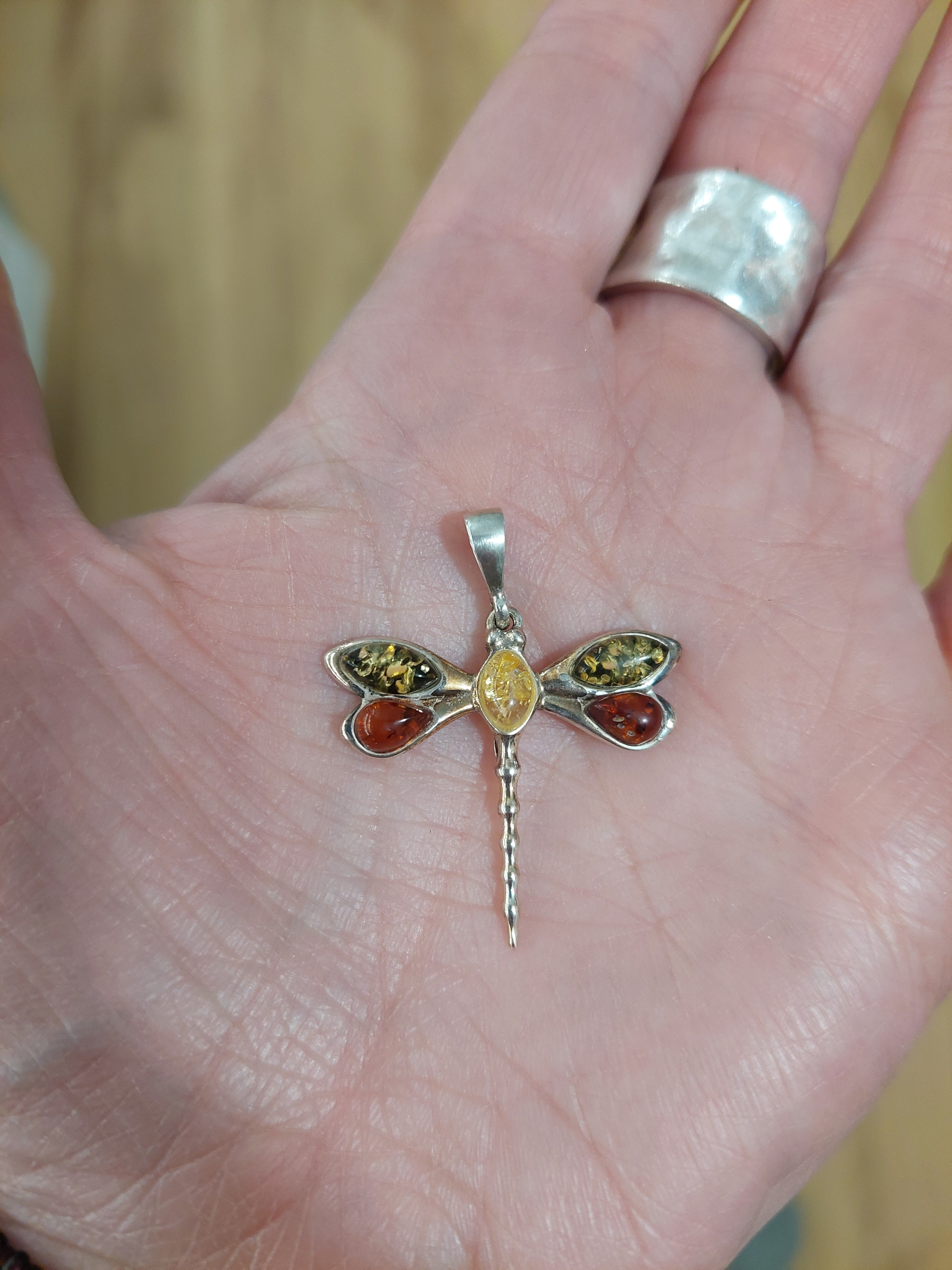 Amber Dragonfly Pendant - 925 Sterling Silver