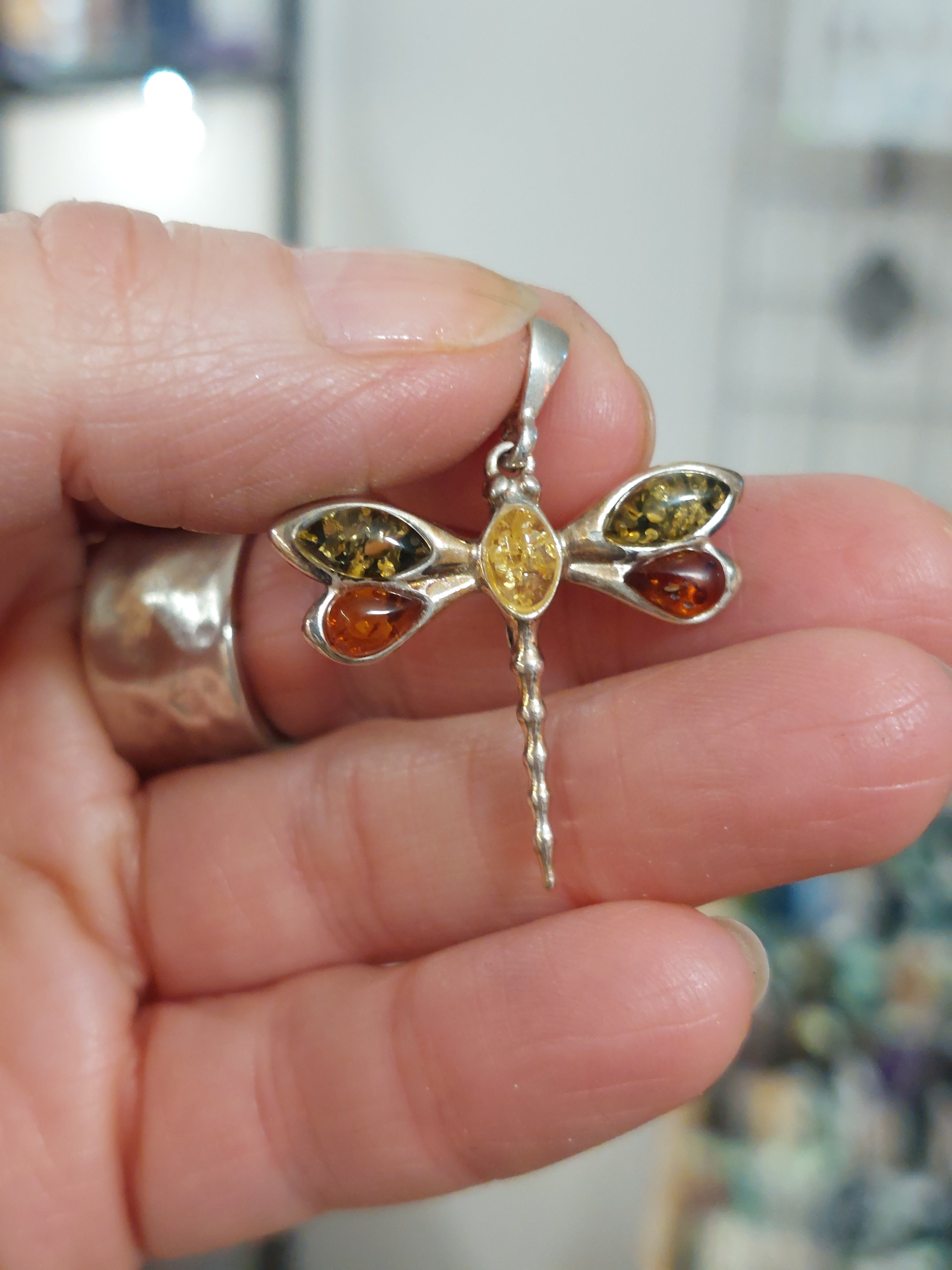 Amber Dragonfly Pendant - 925 Sterling Silver