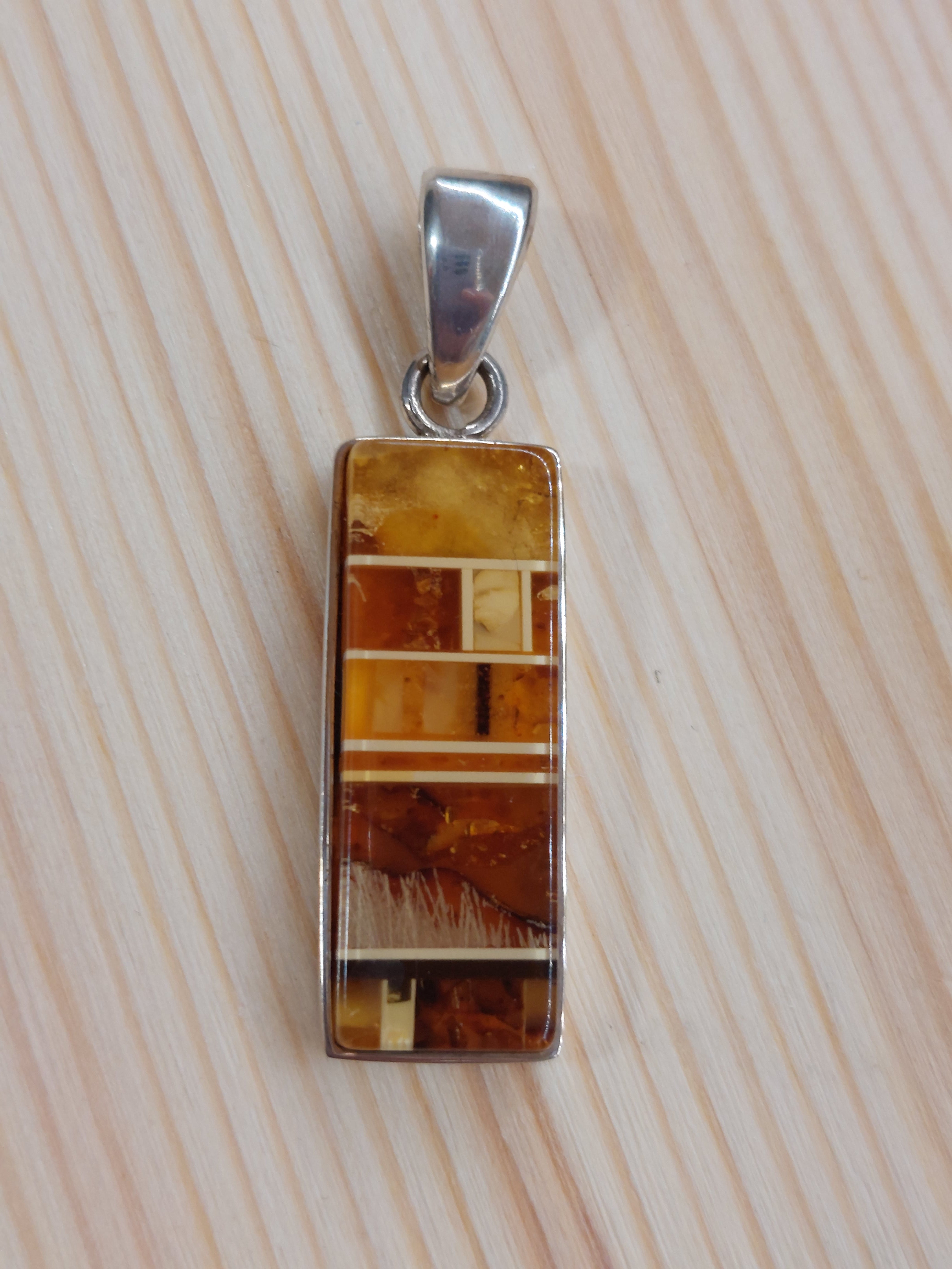 Amber Mosaic Rectangle Pendant  - 925 Sterling Silver