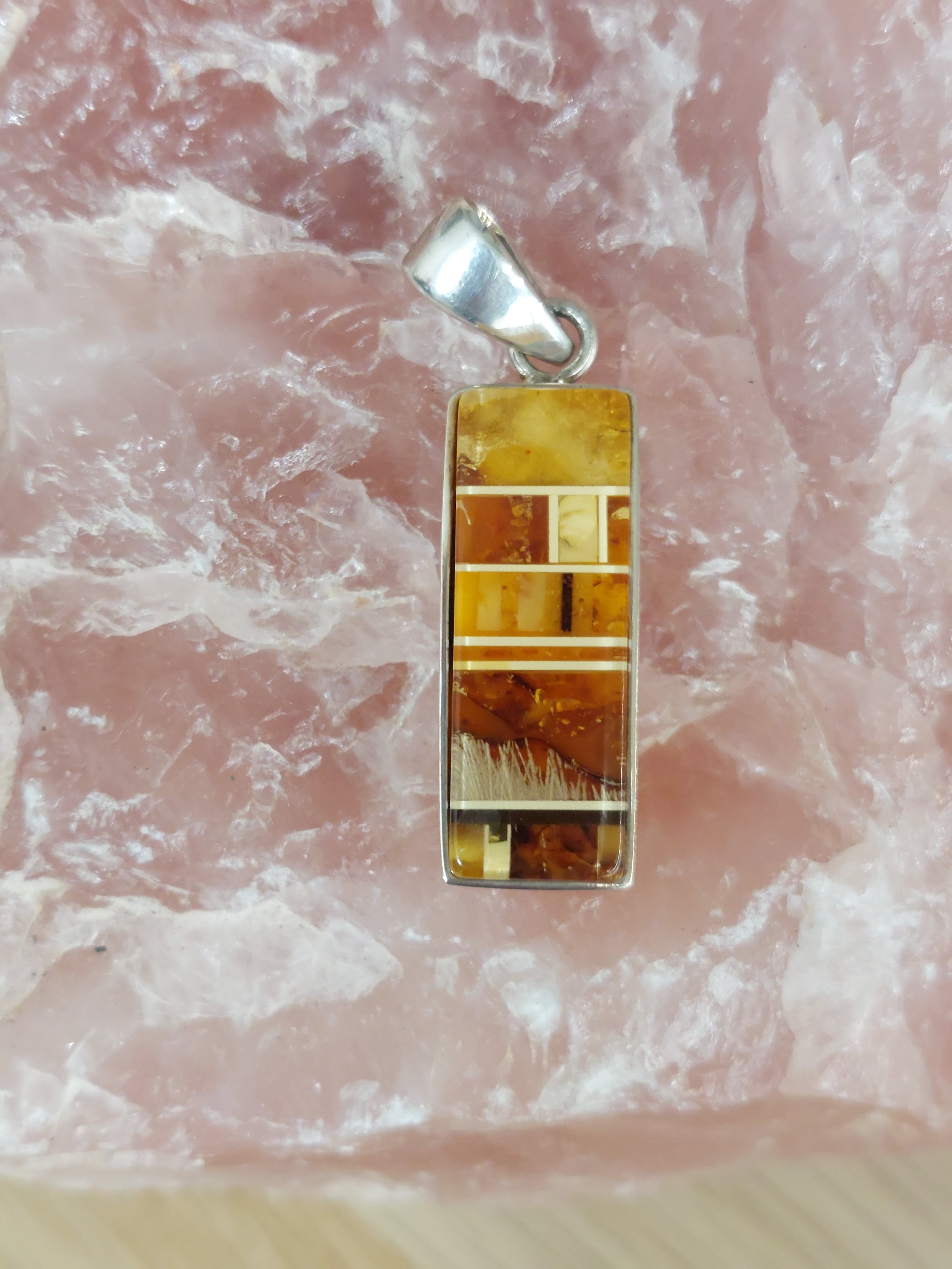 Amber Mosaic Rectangle Pendant  - 925 Sterling Silver