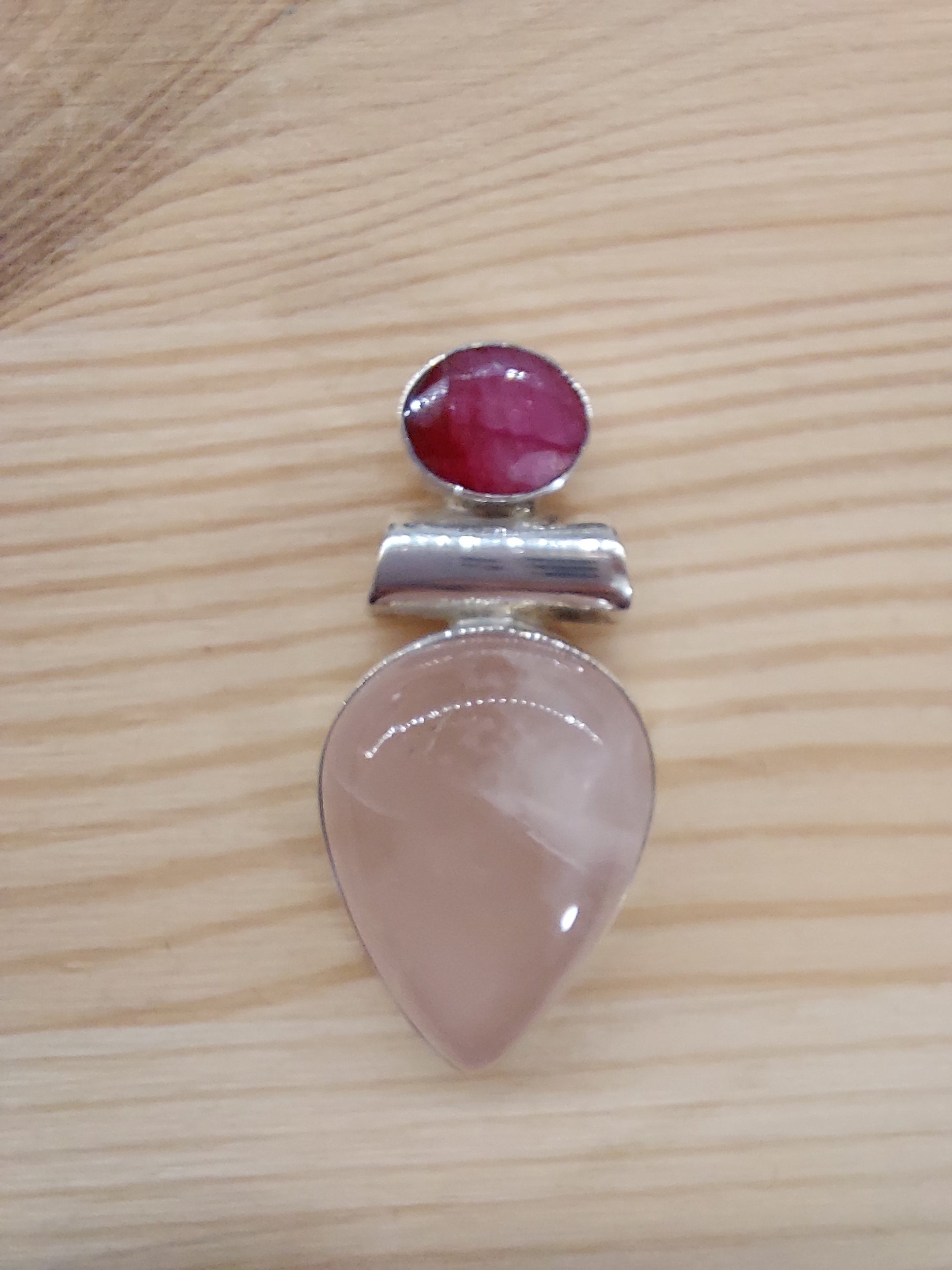 Rose Quartz Teardrop and Faceted Oval Ruby Pendant - 925 Sterling Silver