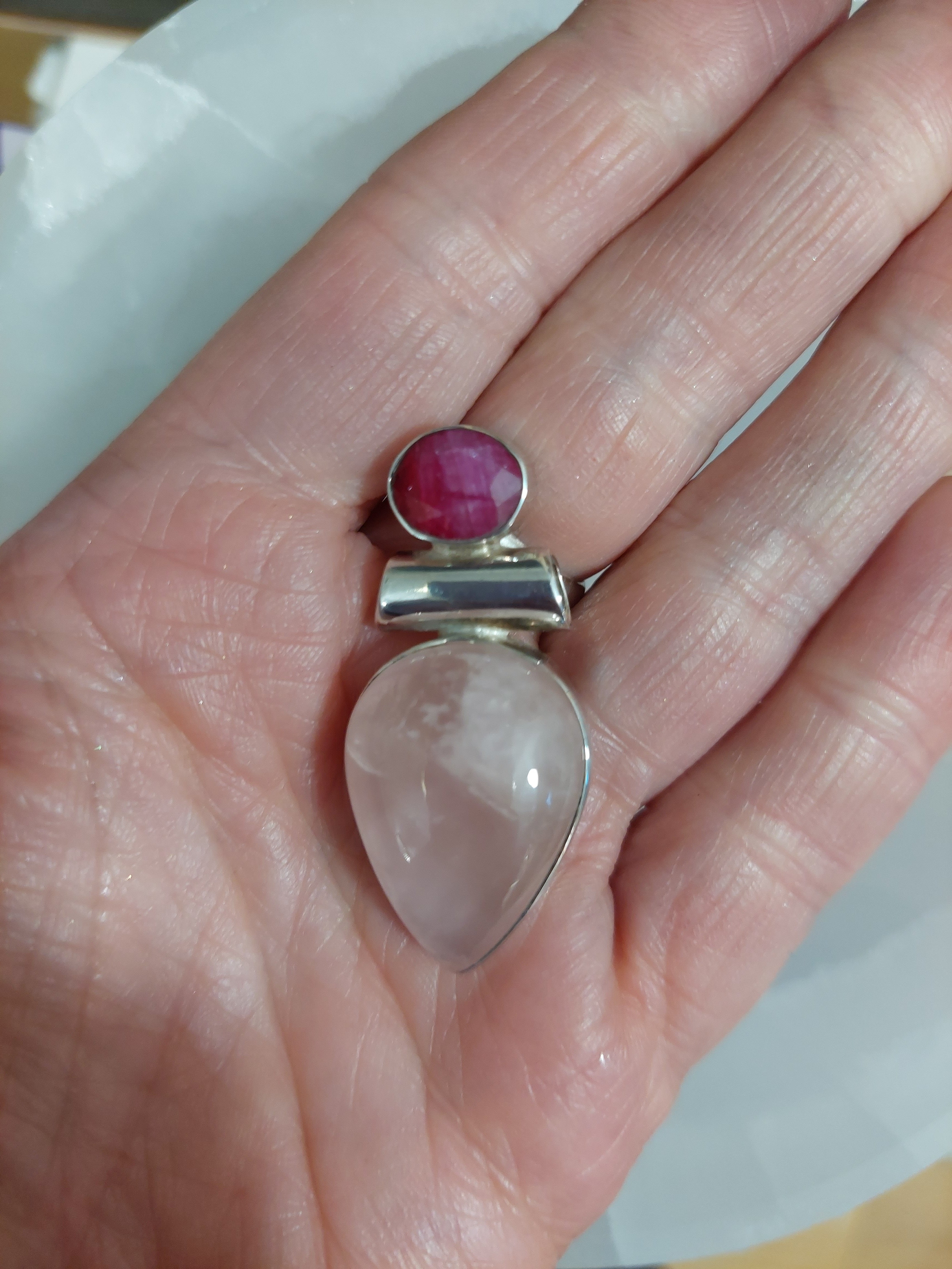Rose Quartz Teardrop and Faceted Oval Ruby Pendant - 925 Sterling Silver