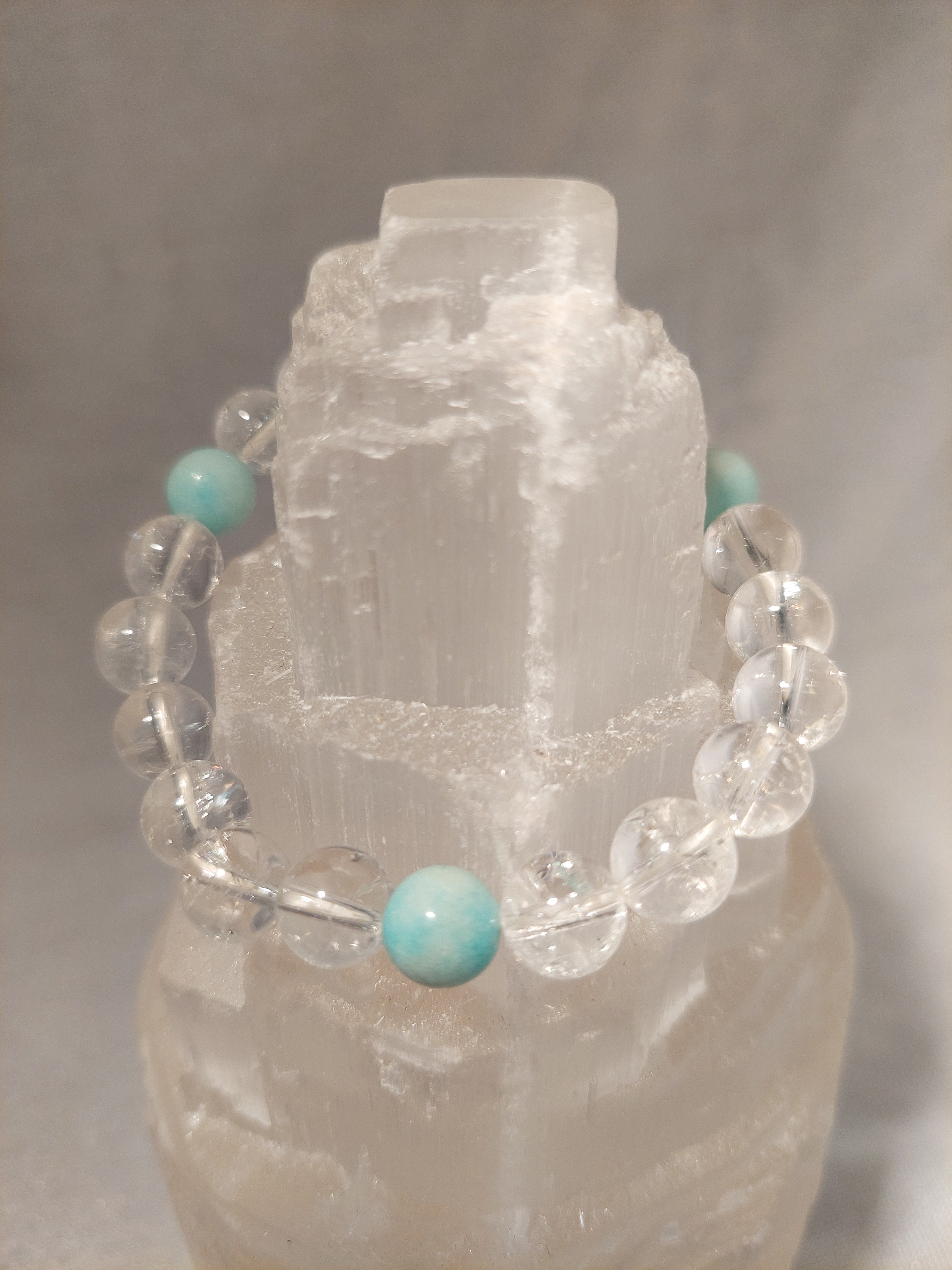 Amazonite and Clear Quartz Round Bead Bracelet - 8 & 9 mm Beads