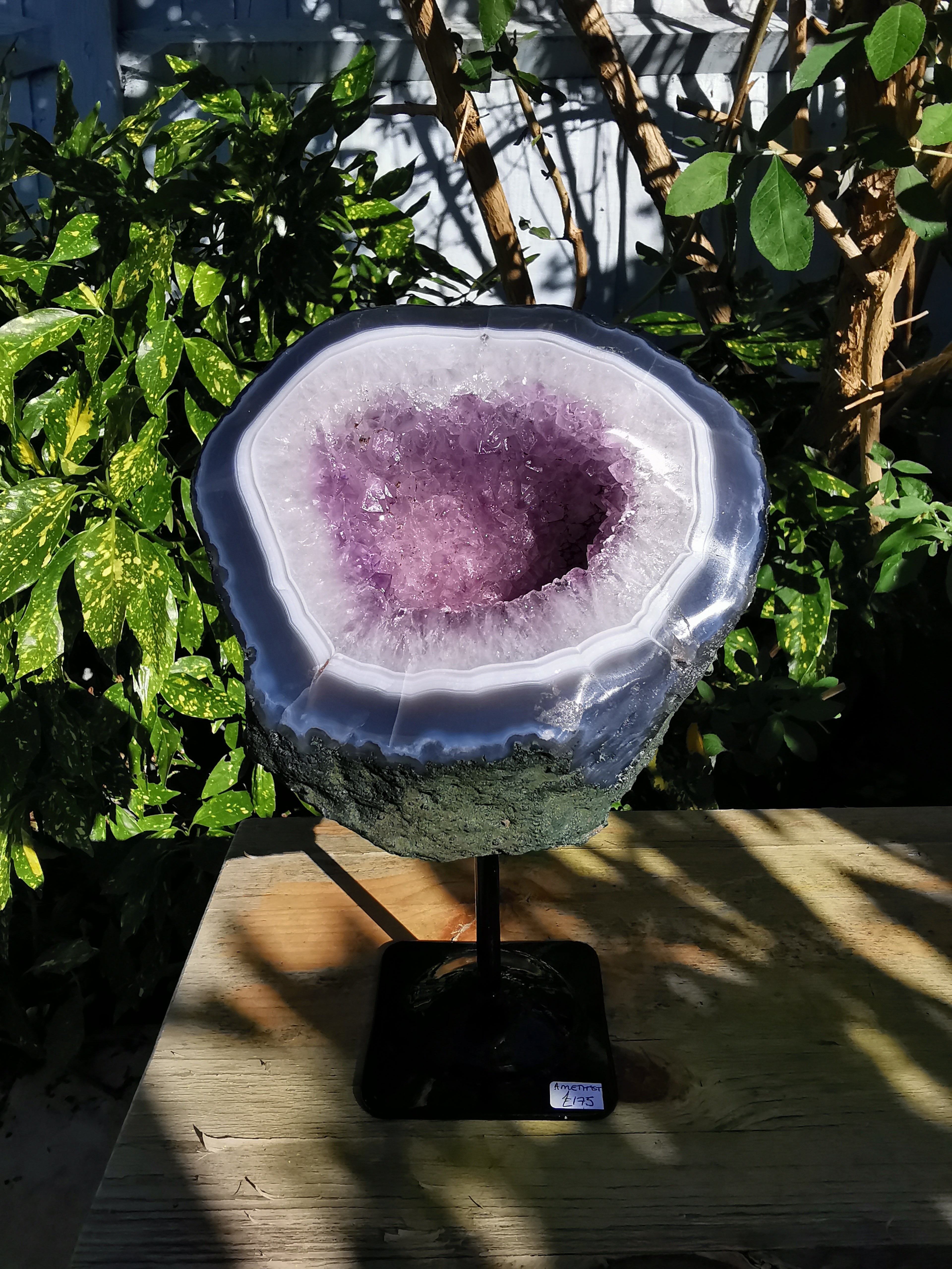 Amethyst Geode with Polished Agate Surround on Fixed Metal Stand - Brazil