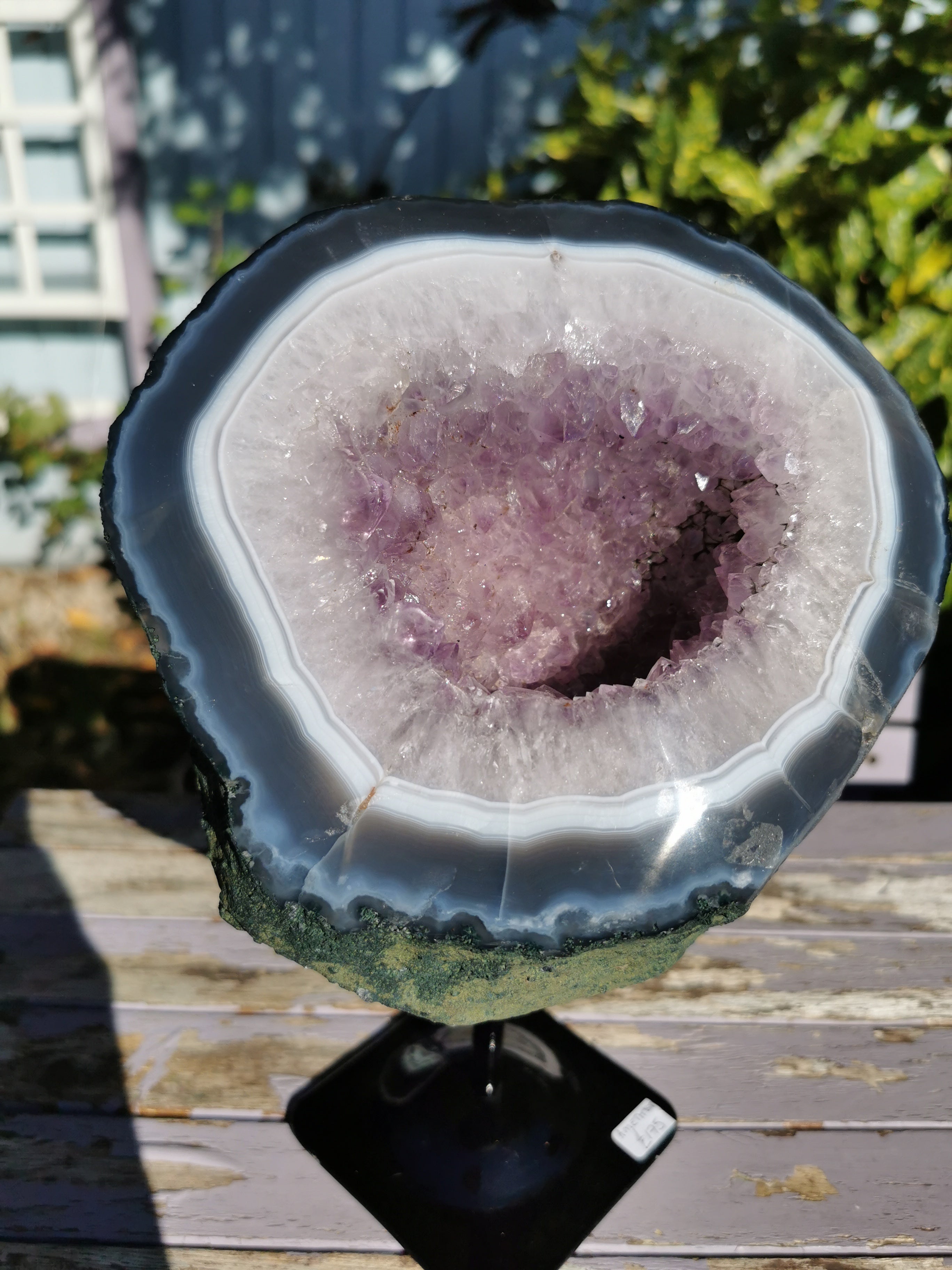 Amethyst Geode with Polished Agate Surround on Fixed Metal Stand - Brazil