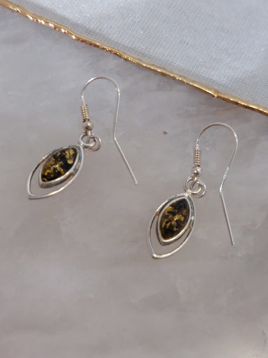 Sterling Silver Marquis Shaped Outline with Marquis Shaped Green Amber Stone set in Sterling Silver 