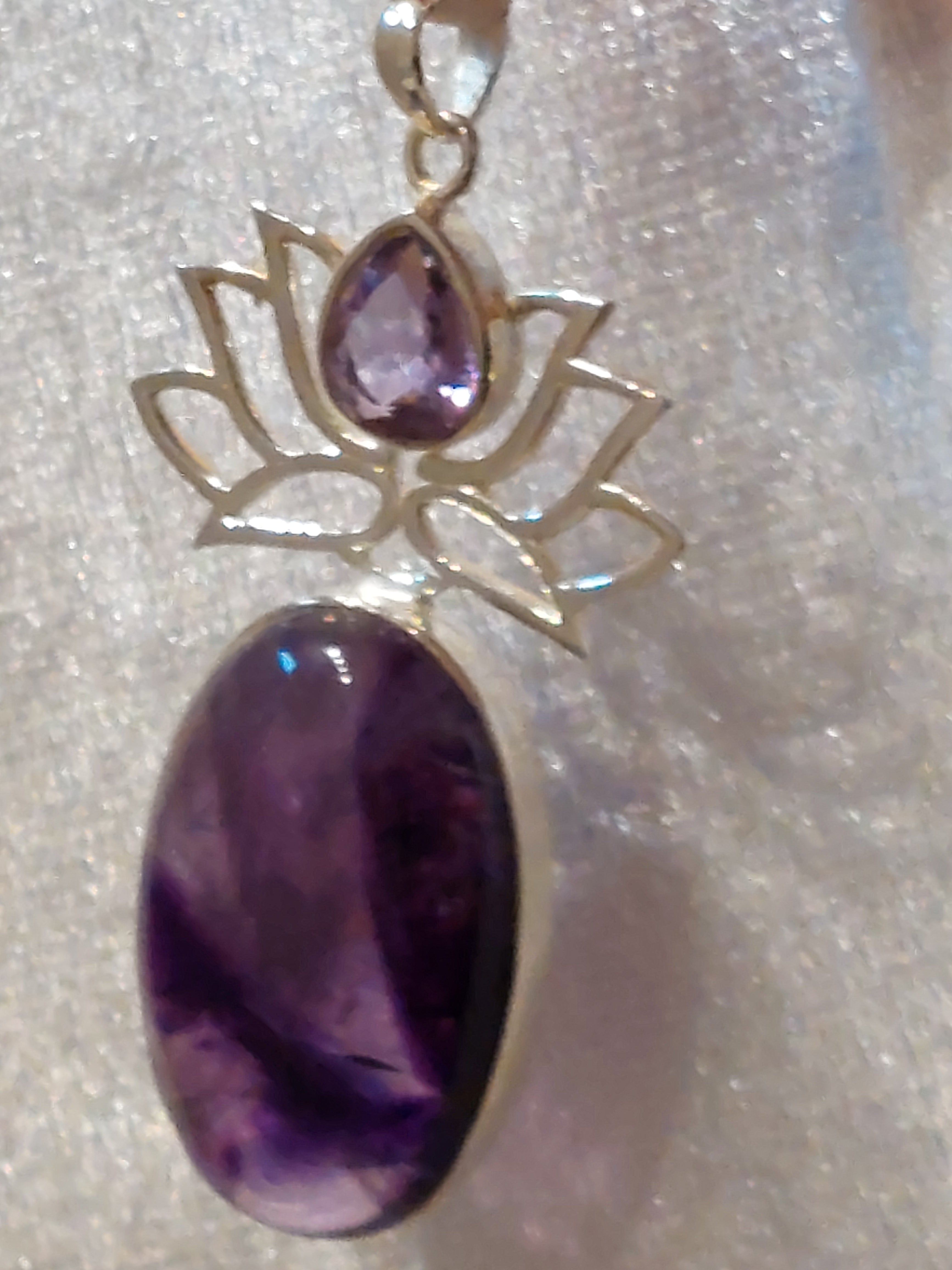 Amethyst Lotus Flower Pendant with Large Oval Stone - 925 Sterling Silver