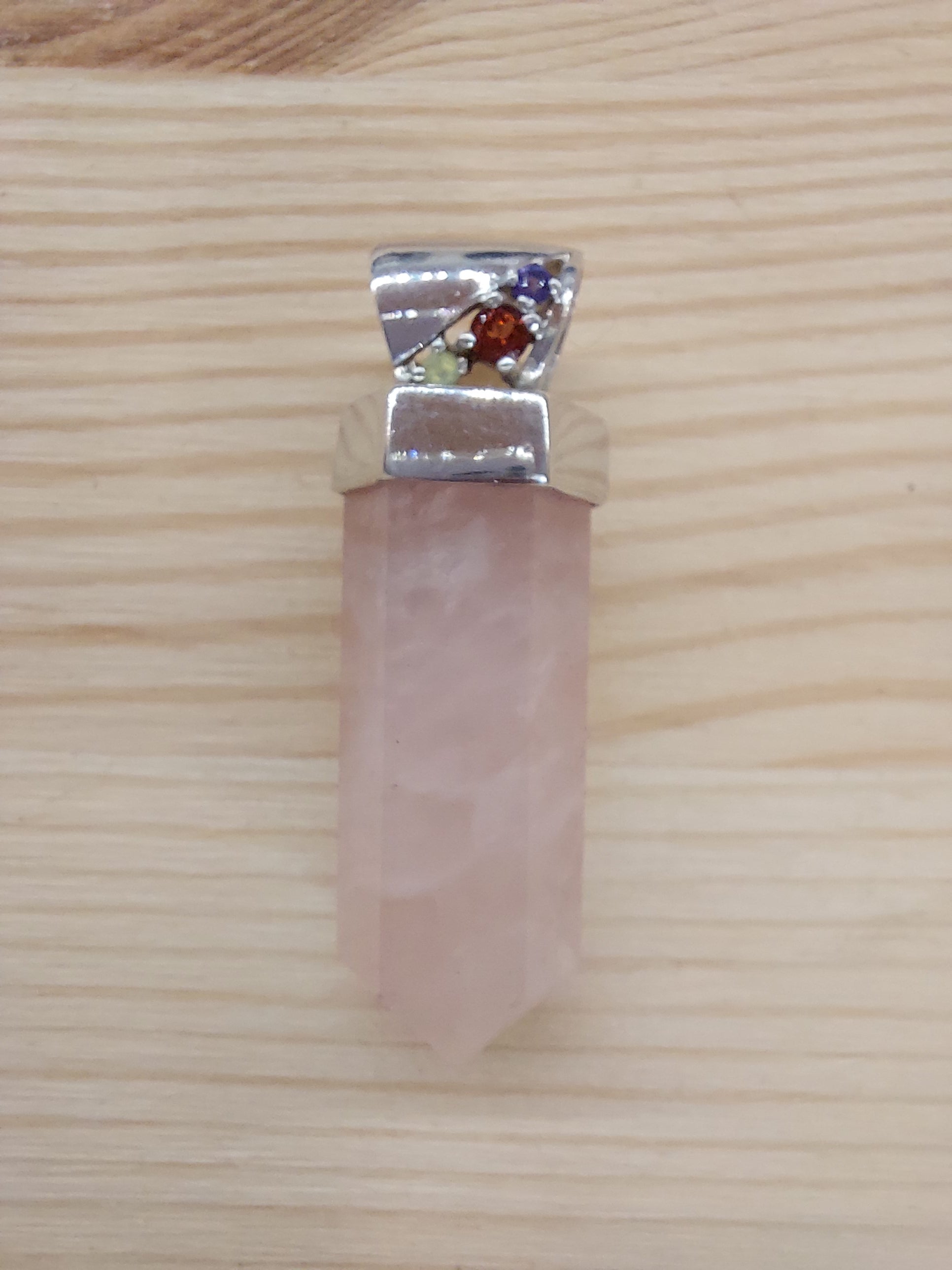 Rose Quartz Single Terminated Pendant with Amethyst, Garnet & Peridot - 925 Sterling Silver