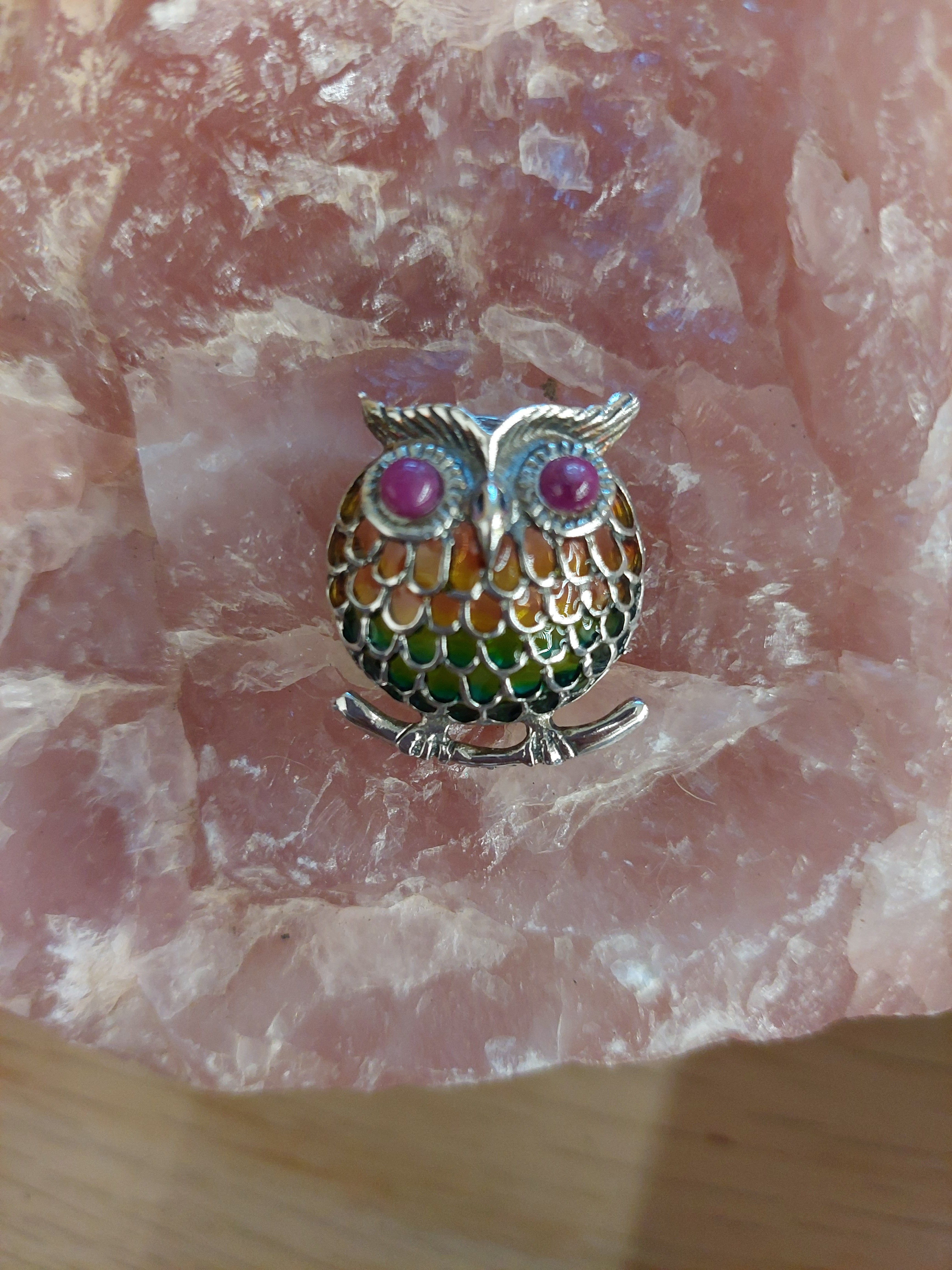Ruby and Enamel Owl Pendant - Sterling Silver
