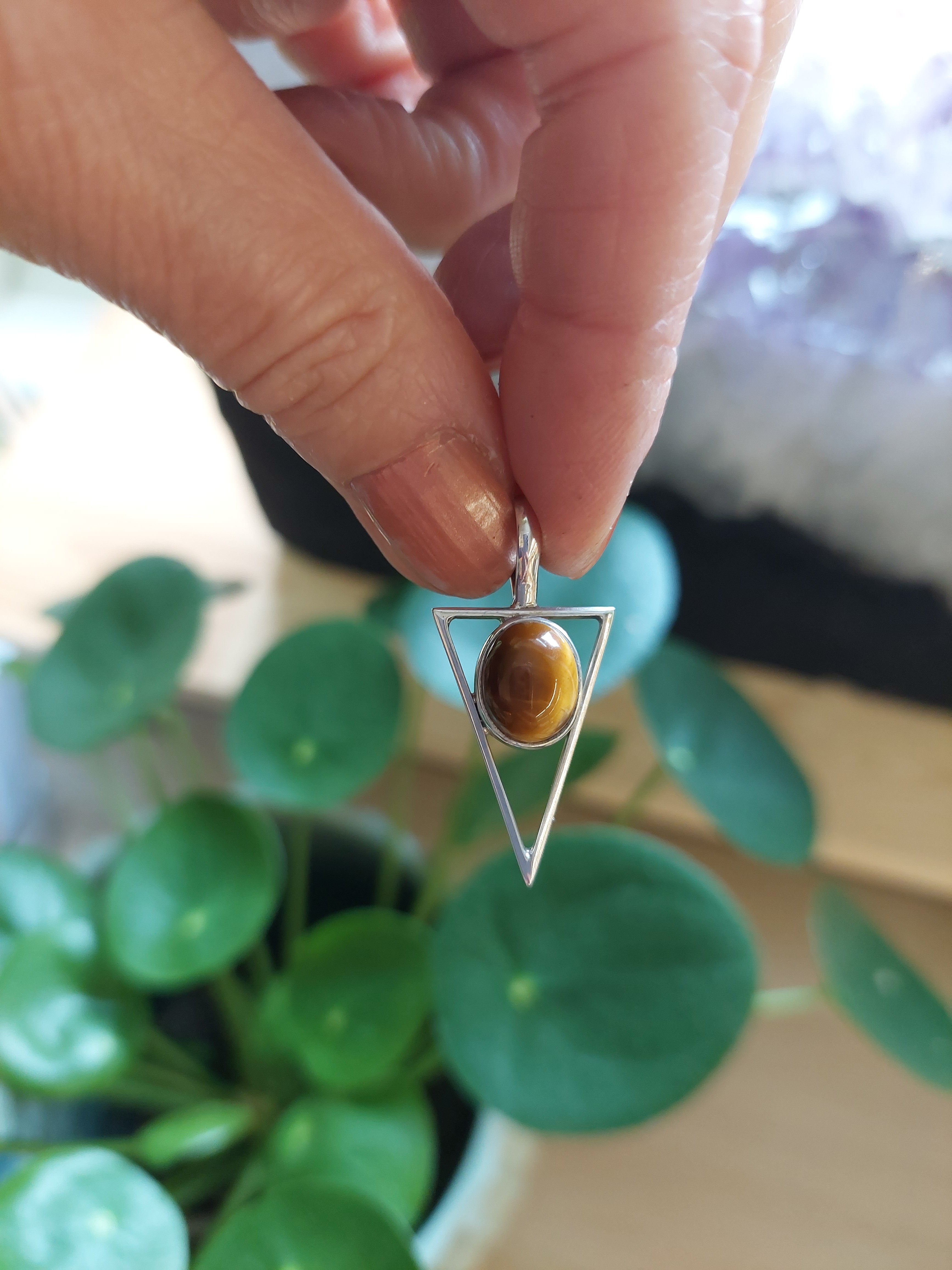 Tiger Eye Triangle Pendant with Oval Stone - Sterling Silver