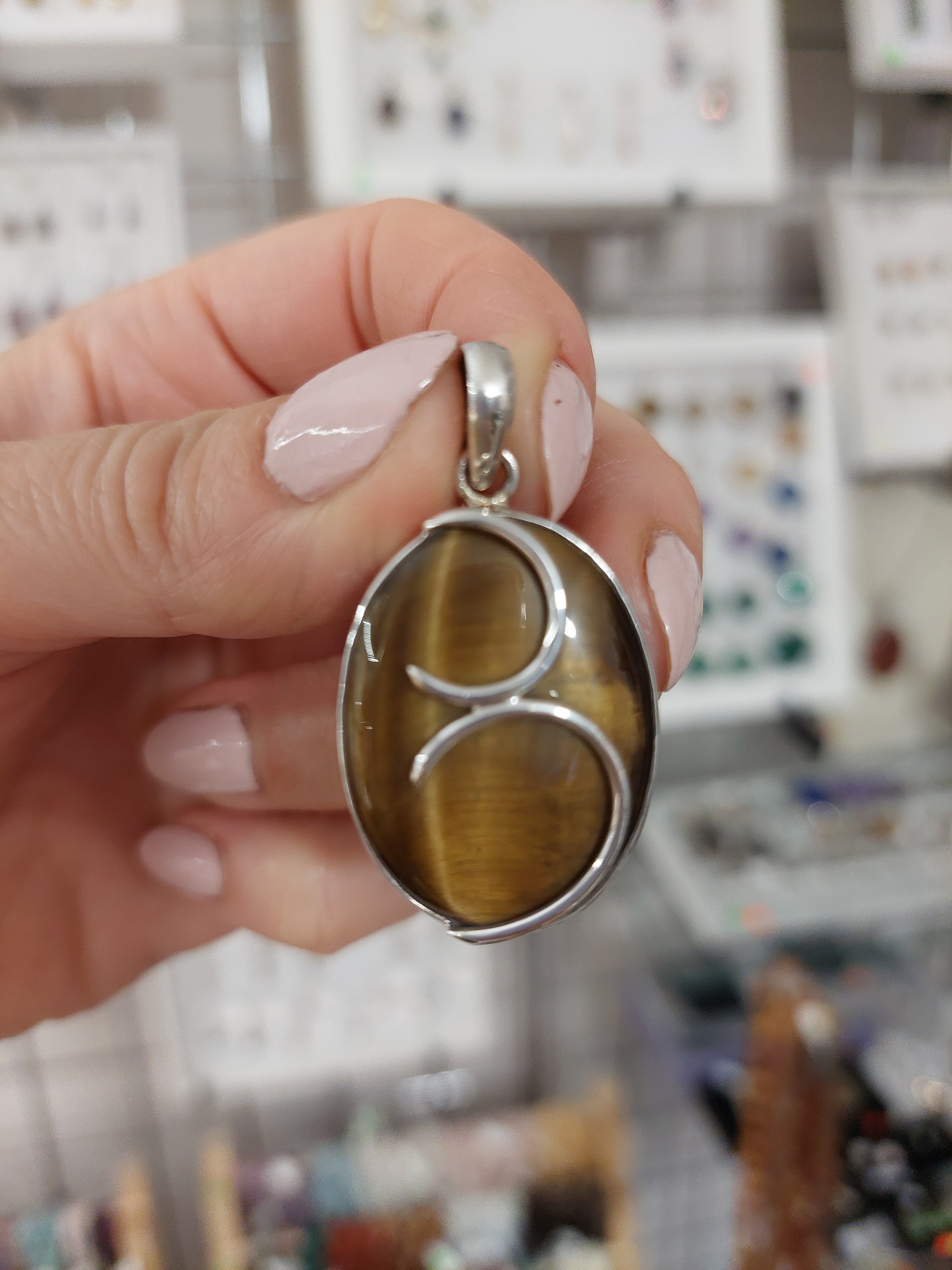 Tiger Eye Oval Double Squirl Pendant - Sterling Silver