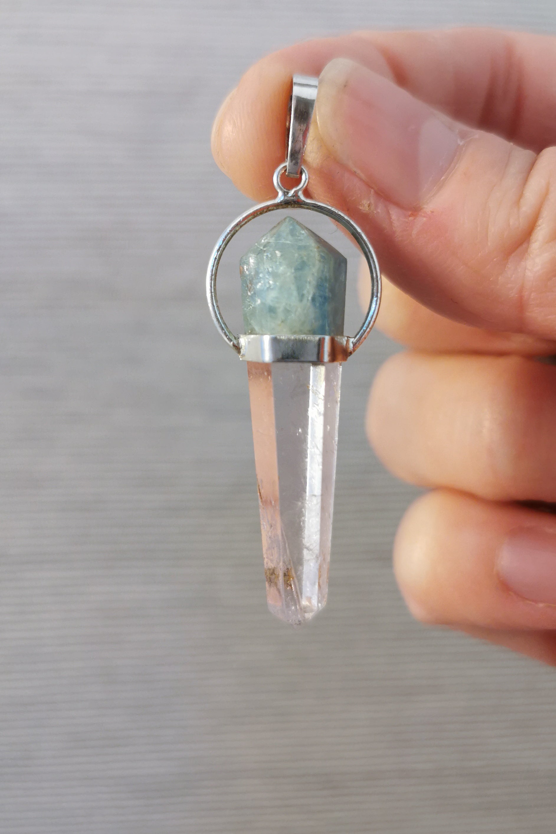 Amethyst and Aquamarine Double Terminated Point Pendant - 4 cm - 925 Sterling Silver