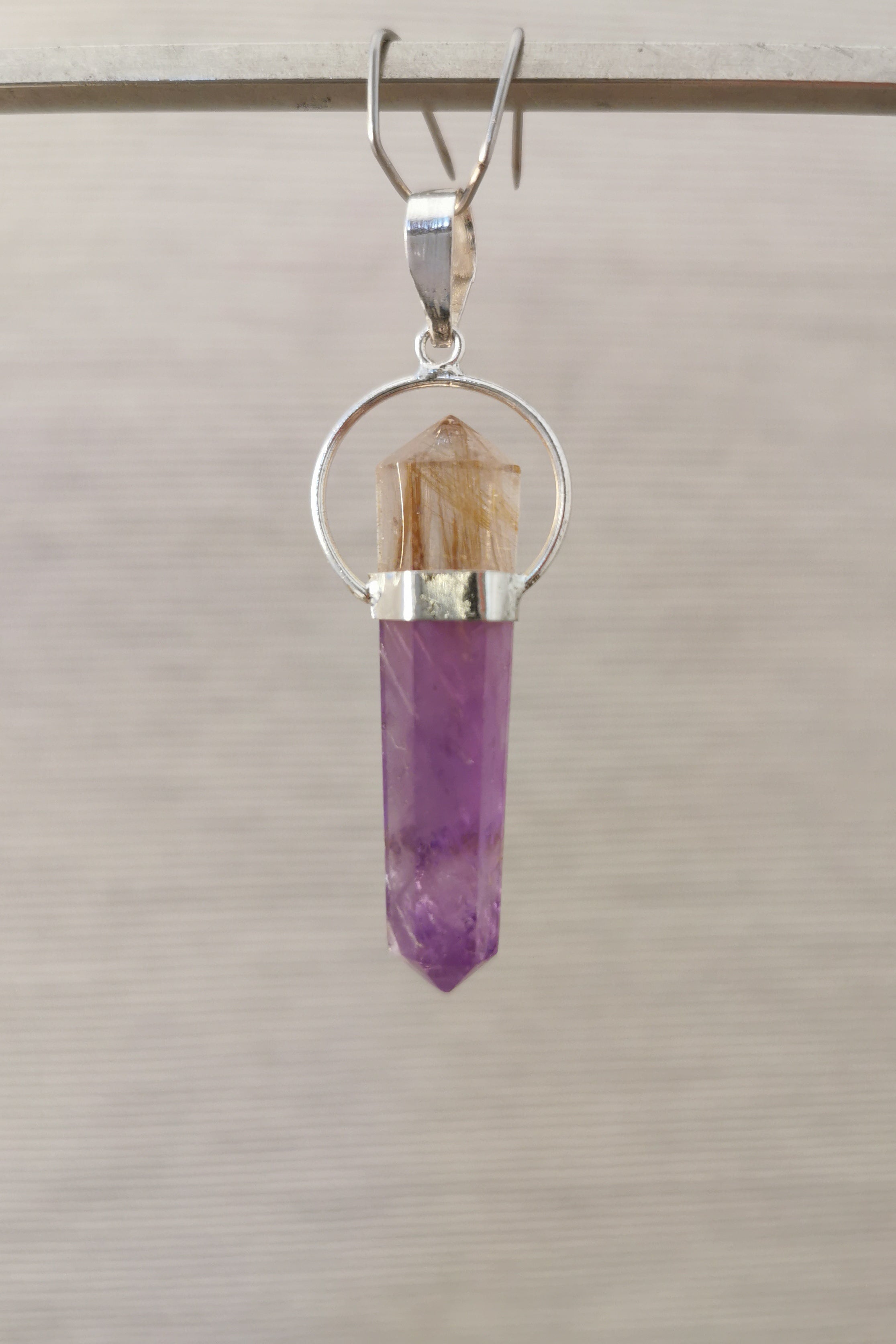 Amethyst and Rutilated Quartz Double Terminated Point Pendant - 4cm - 925 Sterling Silver