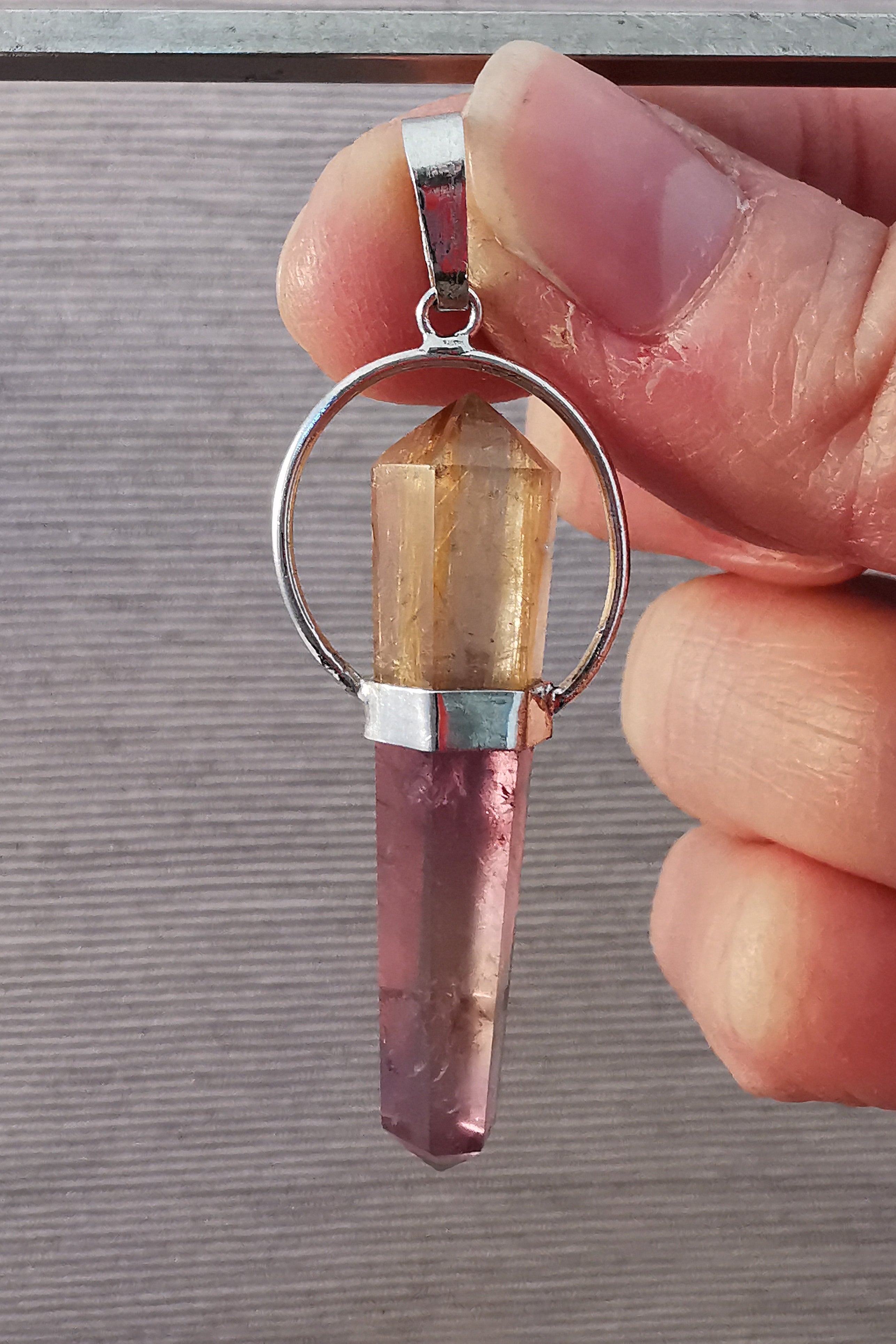 Amethyst and Rutilated Quartz Double Terminated Point Pendant - 4cm - 925 Sterling Silver