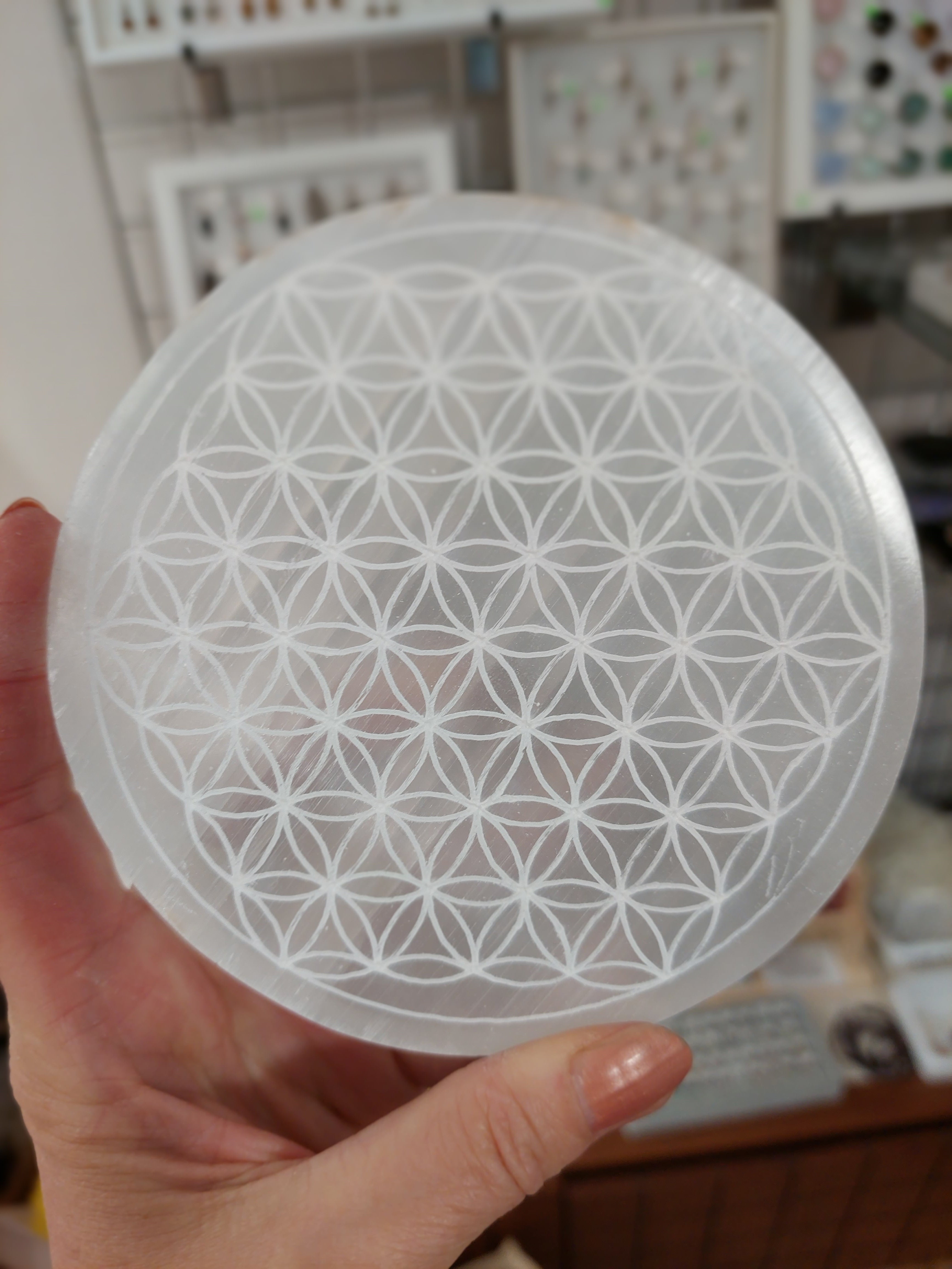 Selenite Flower Of Life Engraved Disc