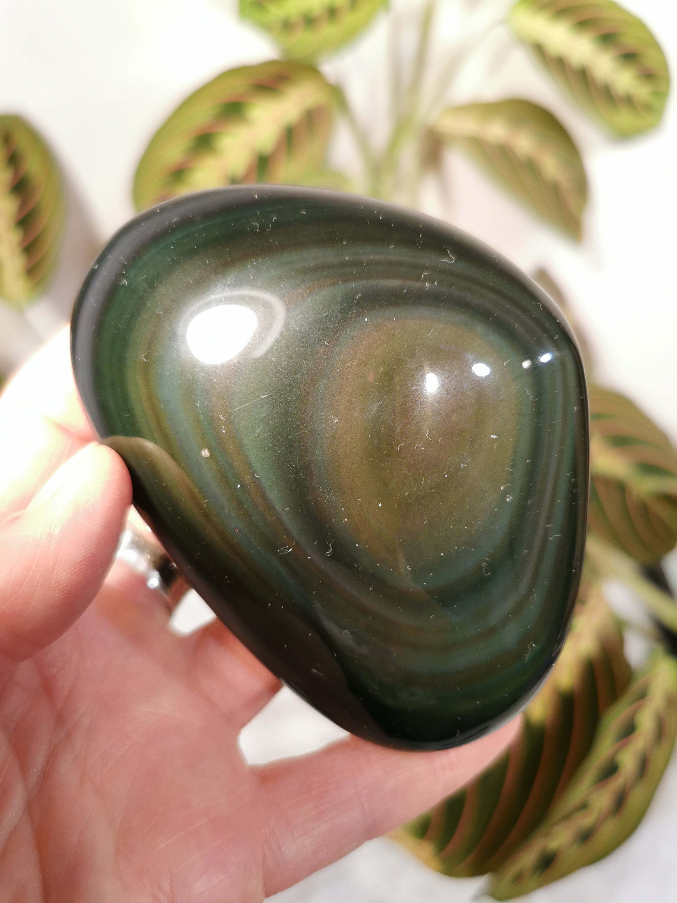 Rainbow and Silver Sheen Obsidian Palm Stone