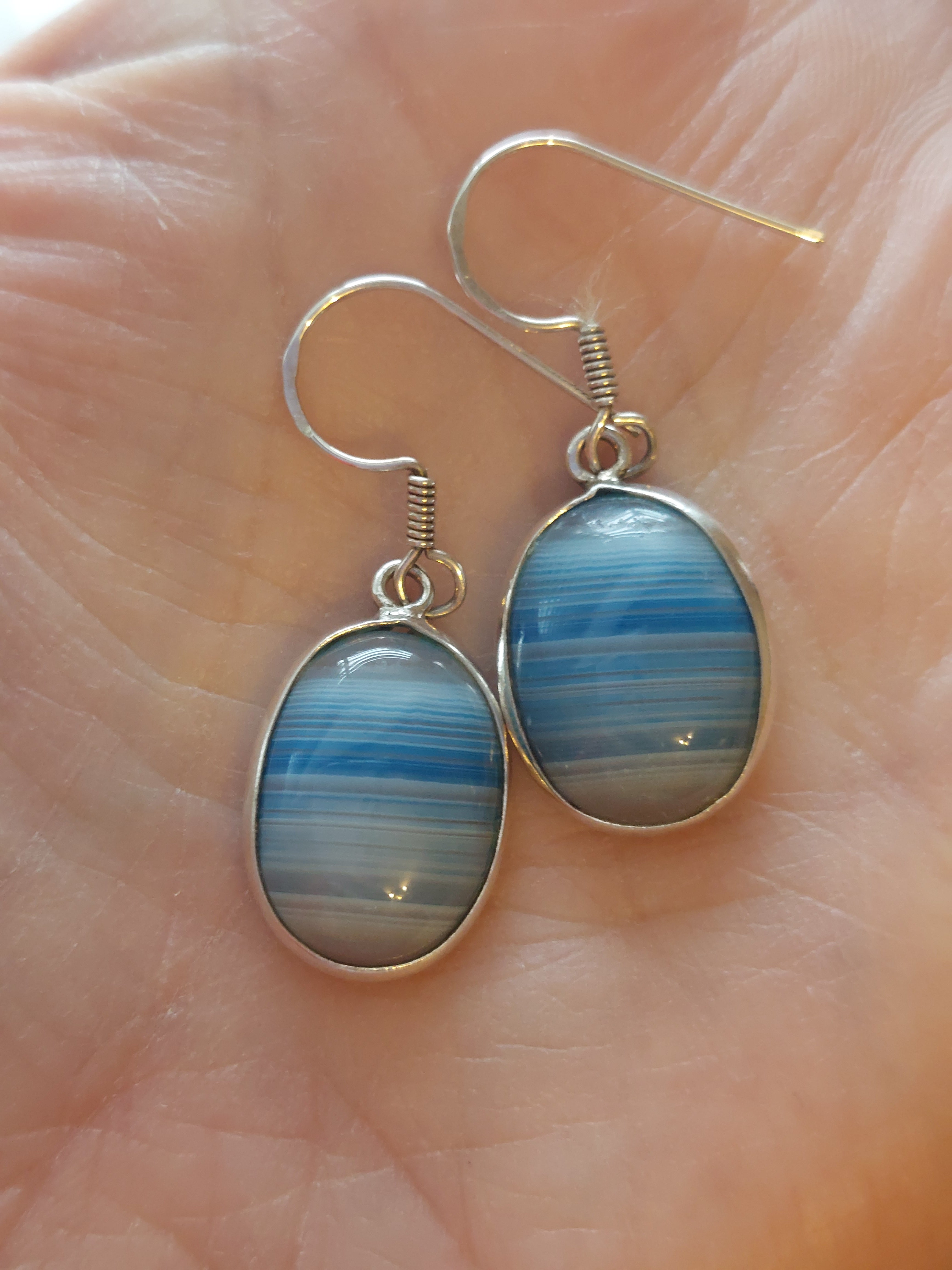 Blue Agate Oval Drop Earrings - 925 Sterling Silver