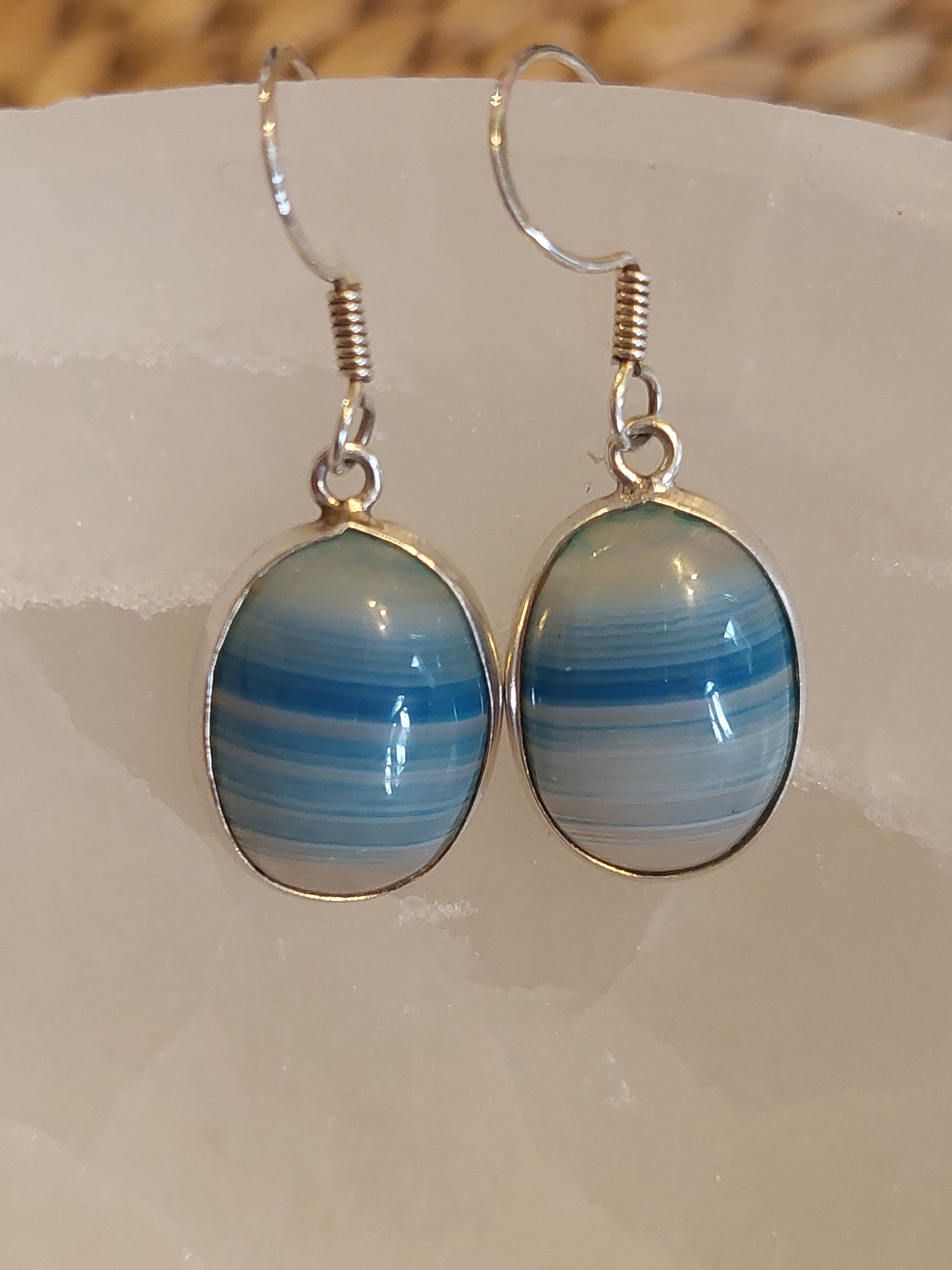 Blue Agate Oval Drop Earrings - 925 Sterling Silver