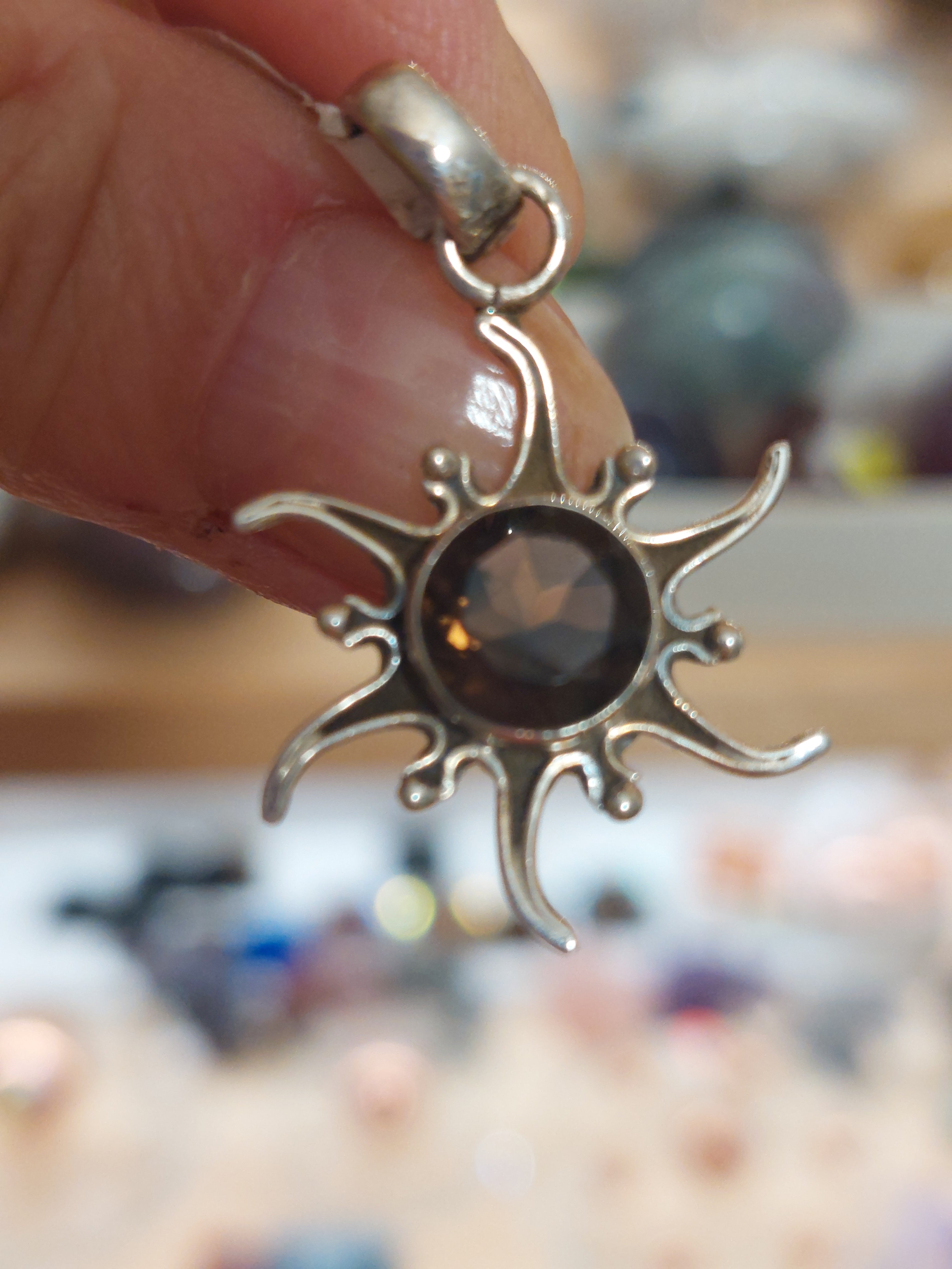 Smoky Quartz Faceted Small Circle in Sun-Shaped Pendant