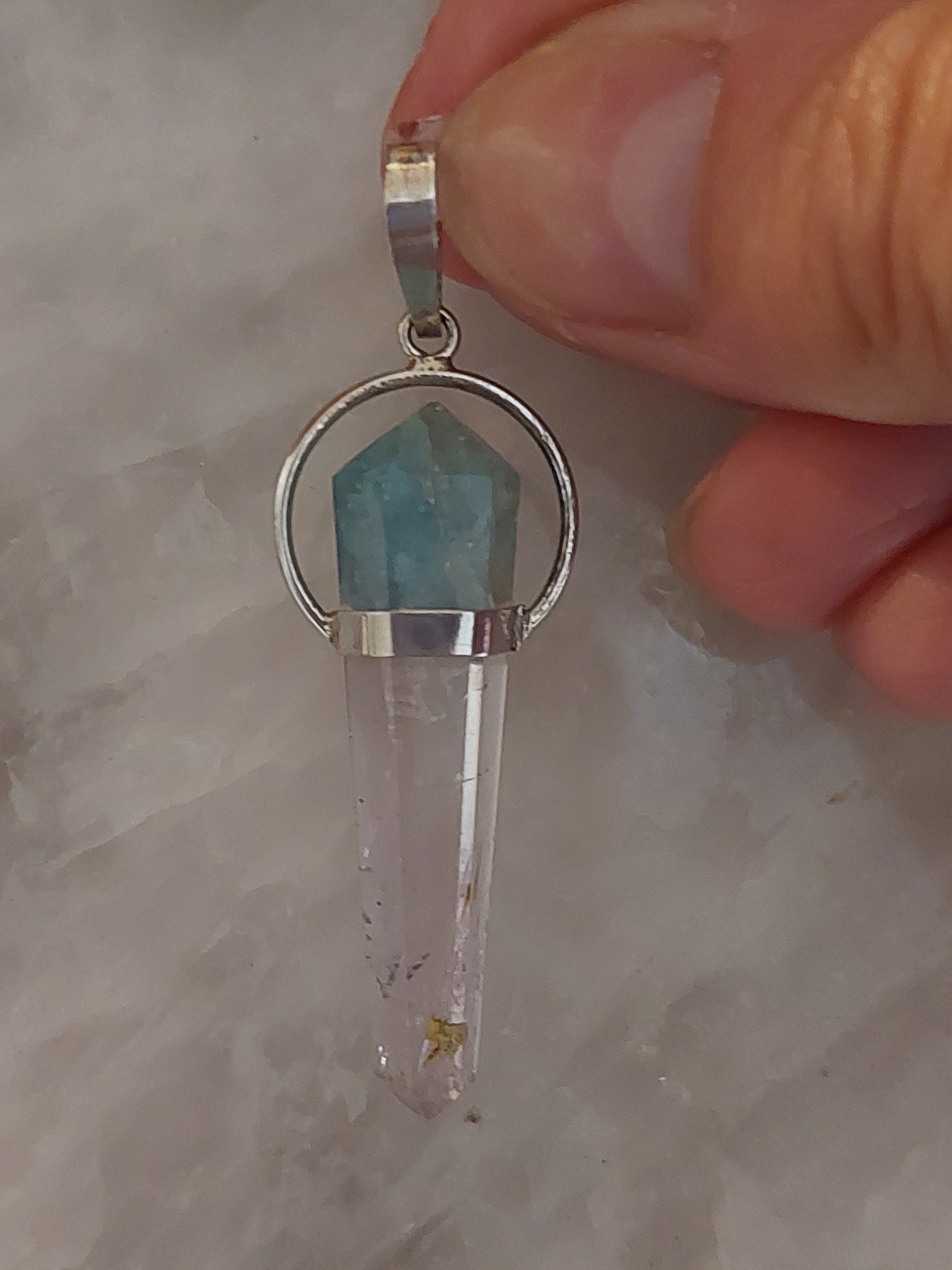 Amethyst and Aquamarine Double Terminated Point Pendant - 4 cm - 925 Sterling Silver