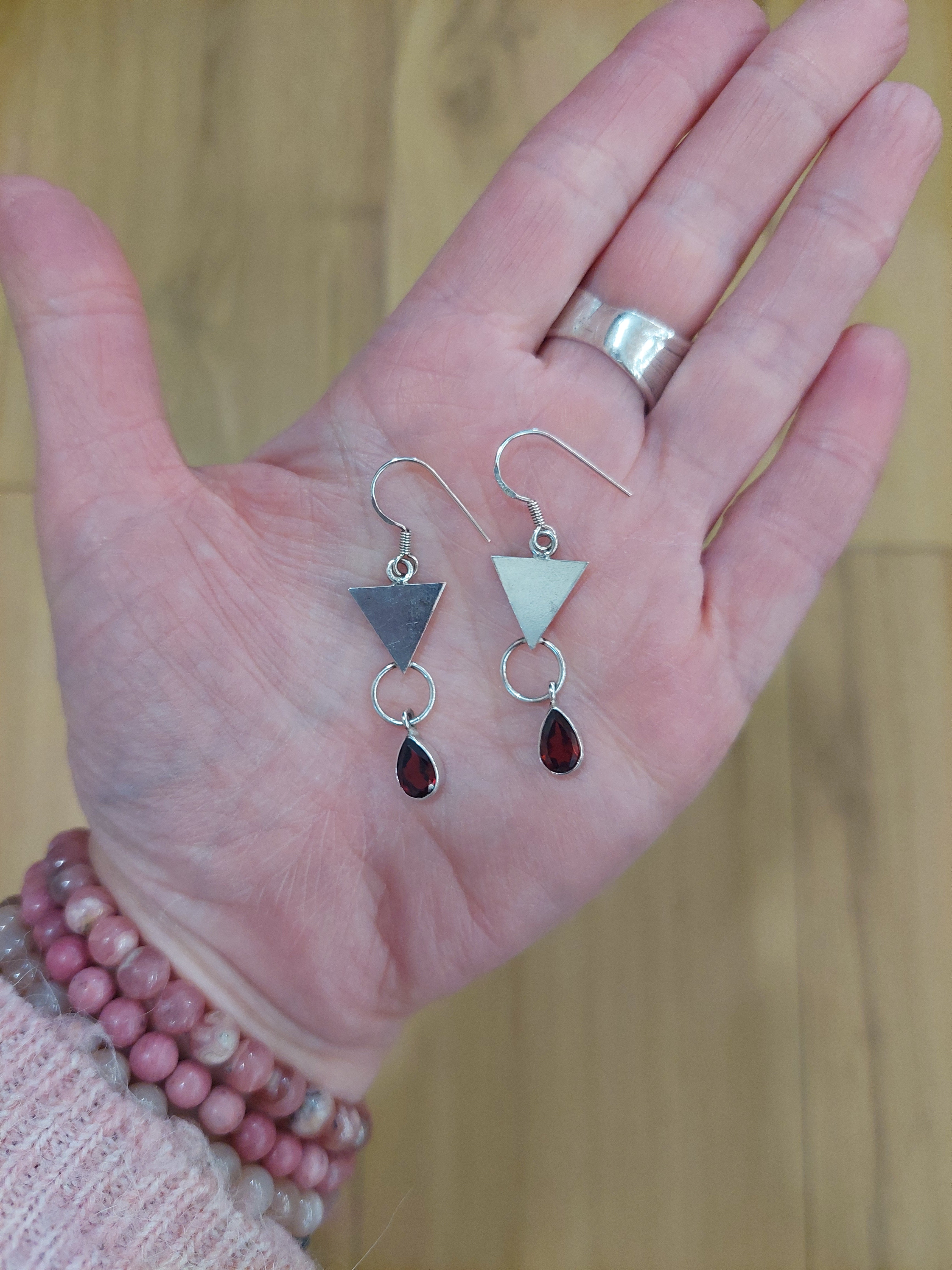 Garnet Teardrop Earrings with 925 Sterling Silver Triangle