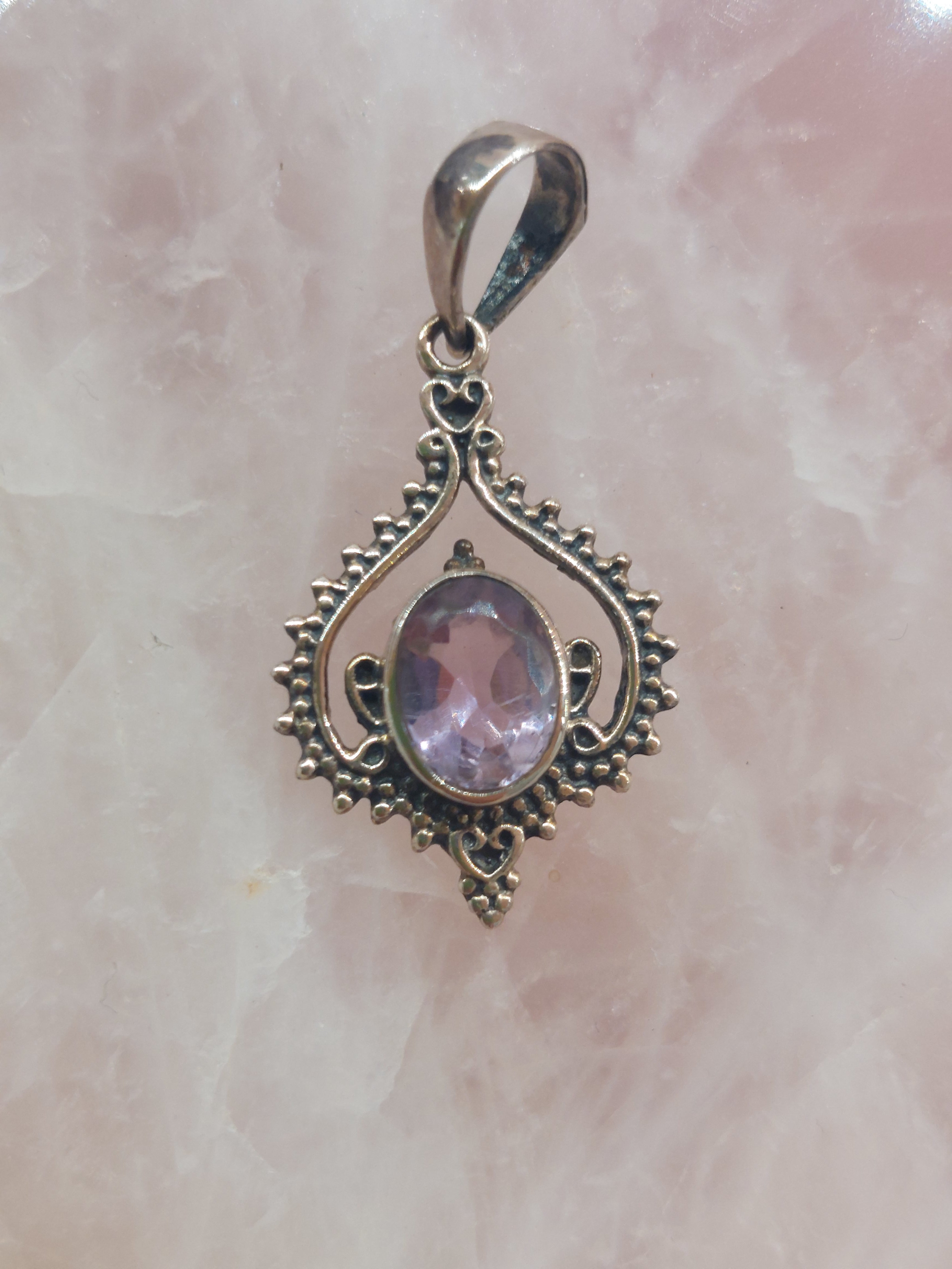 Amethyst Faceted Oval in Fancy Boho Inverted Heart Surround - 925 Sterling Silver