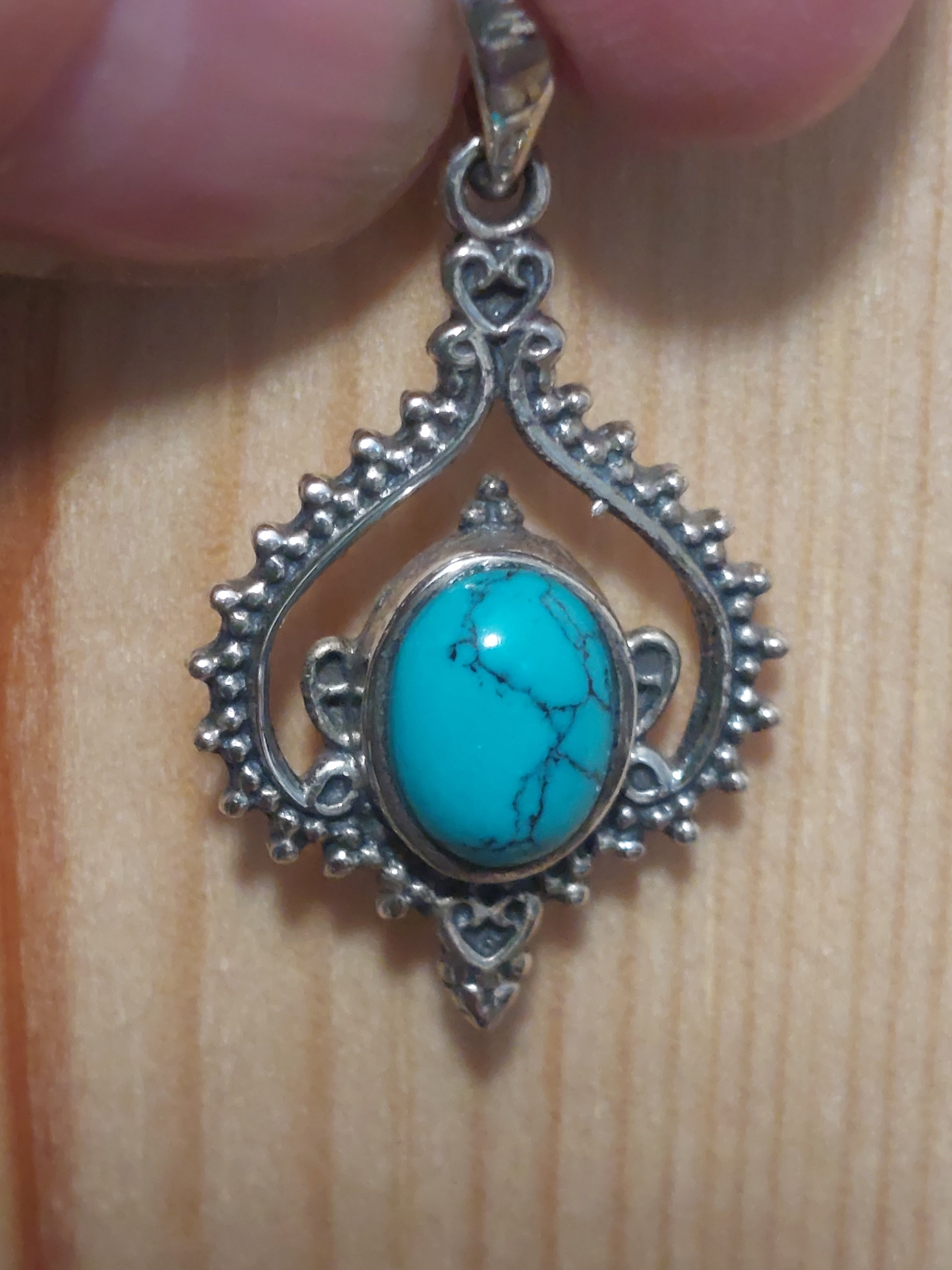 Turquoise Oval in Fancy Boho Inverted Heart Surround - 925 Sterling Silver