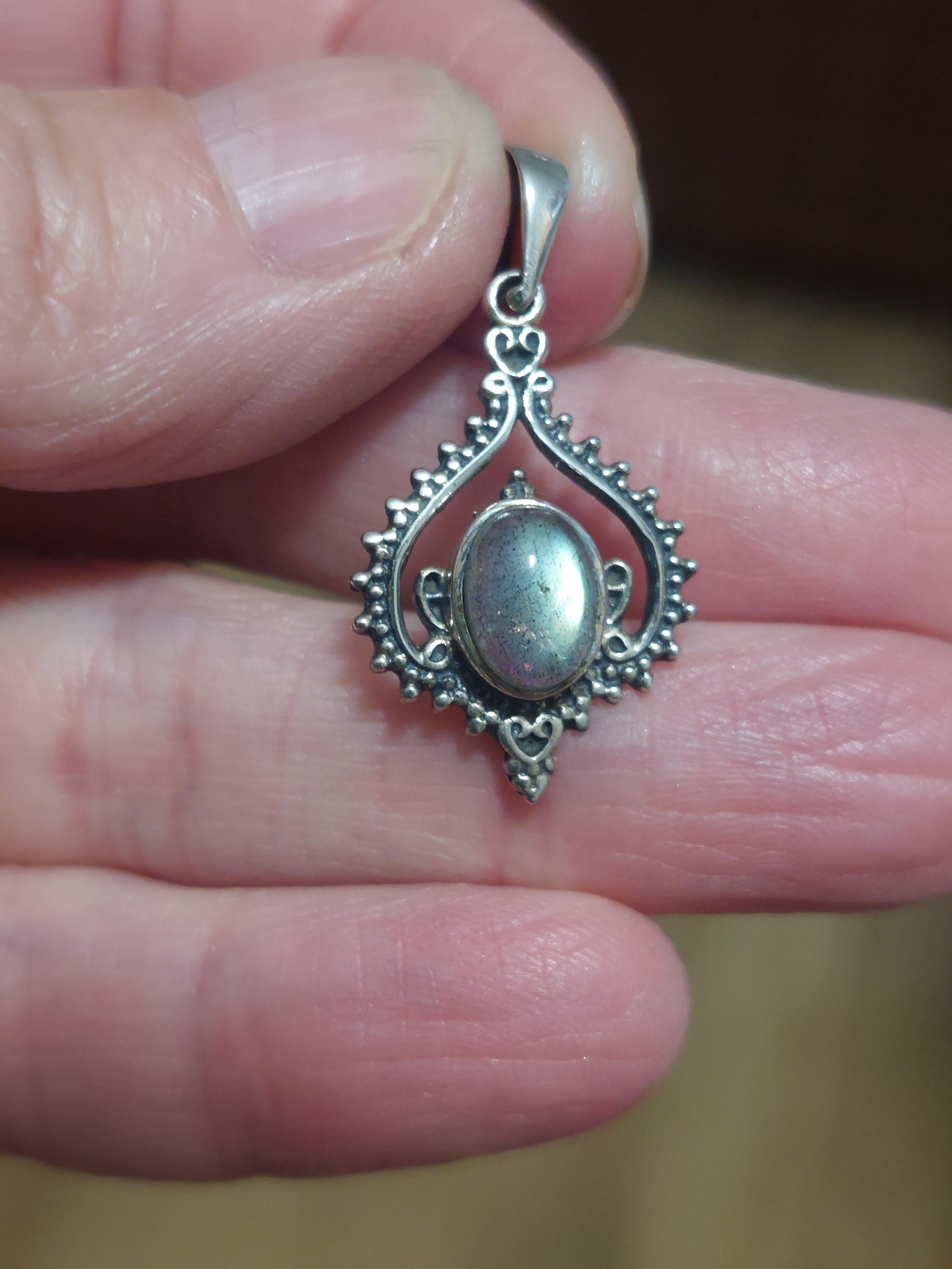 Labradorite Oval in Fancy Boho Inverted Heart Surround - 925 Sterling Silver