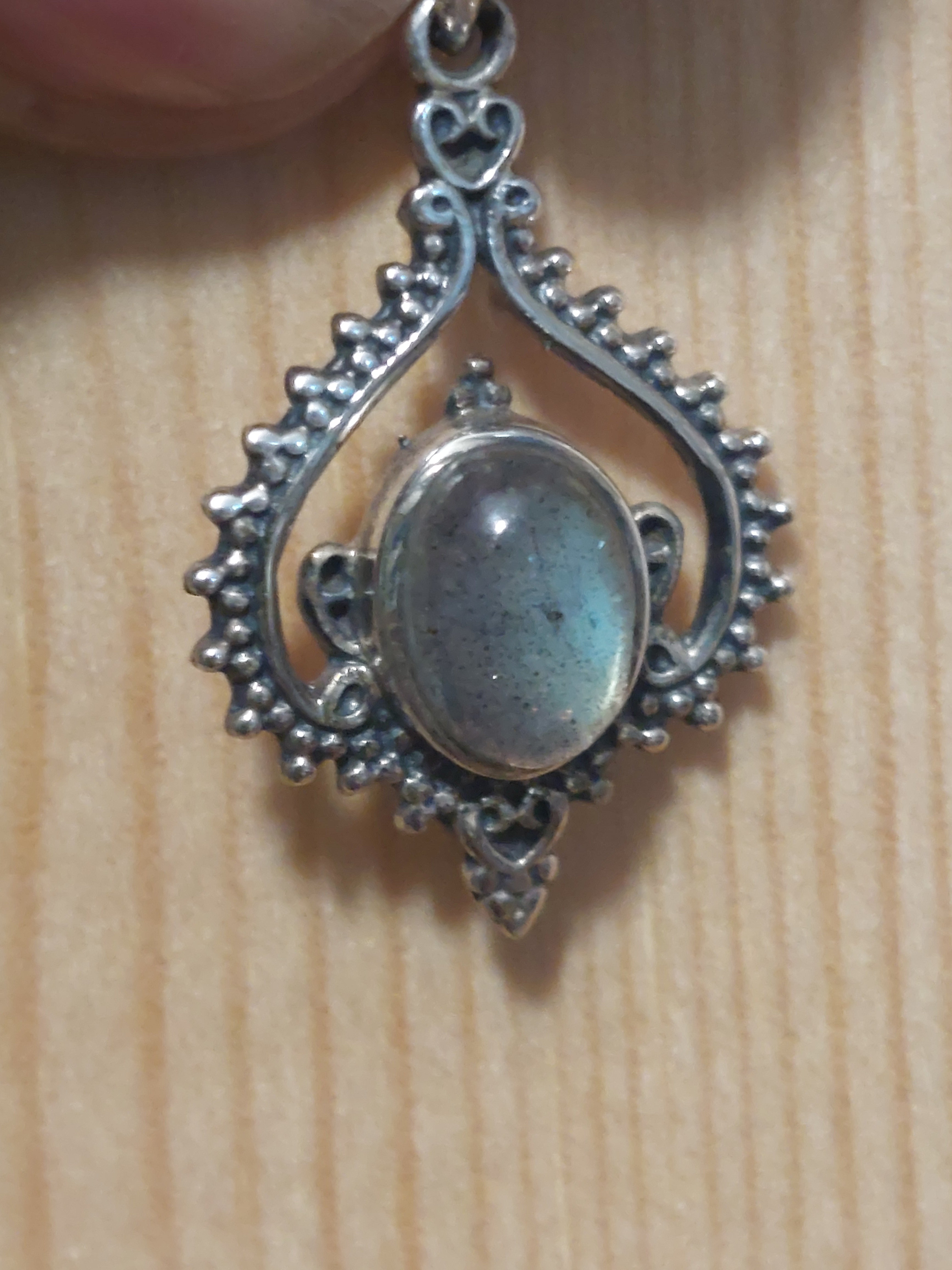 Labradorite Oval in Fancy Boho Inverted Heart Surround - 925 Sterling Silver