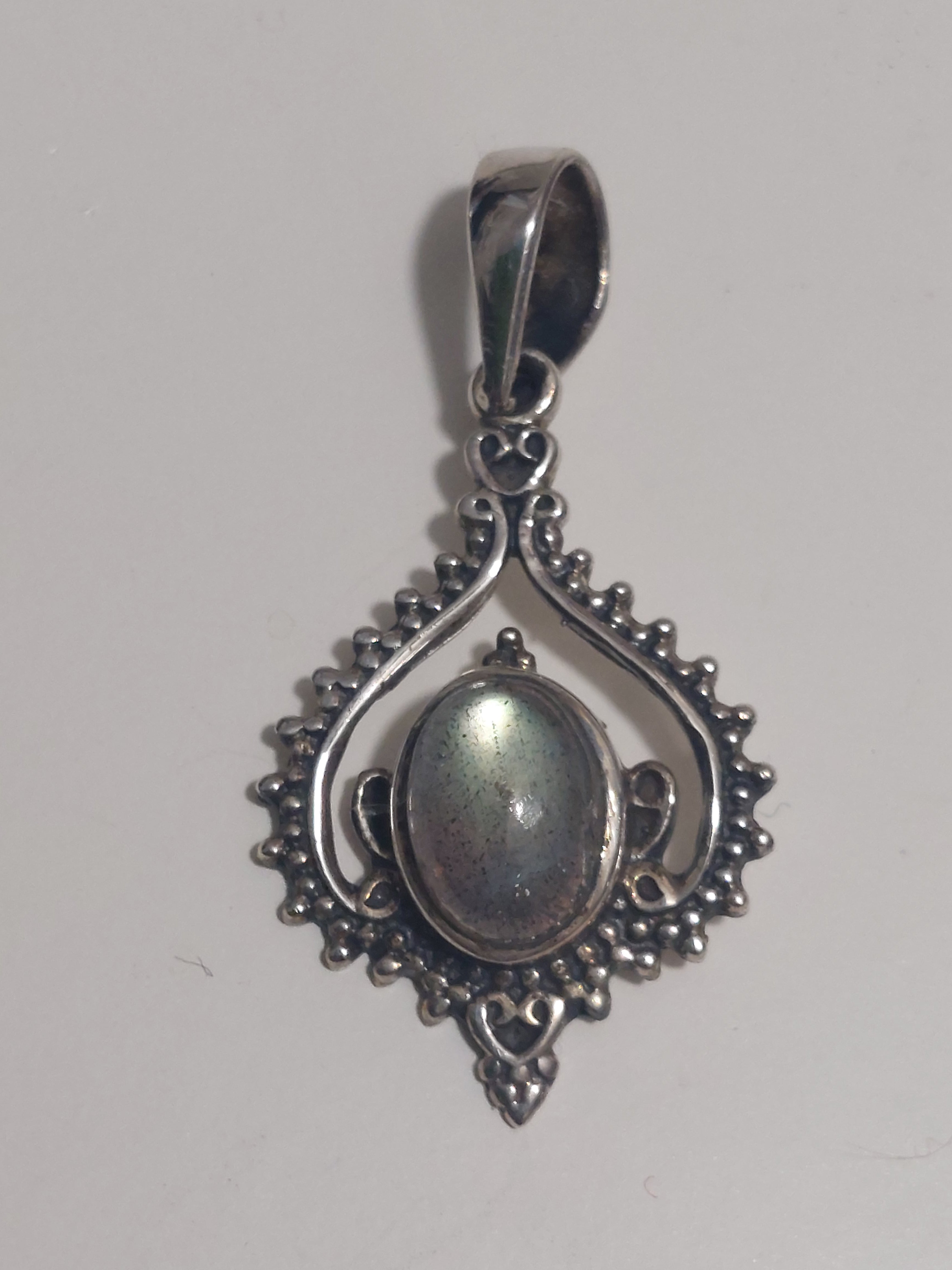 Labradorite Oval in Fancy Boho Inverted Heart Surround - 925 Sterling Silver