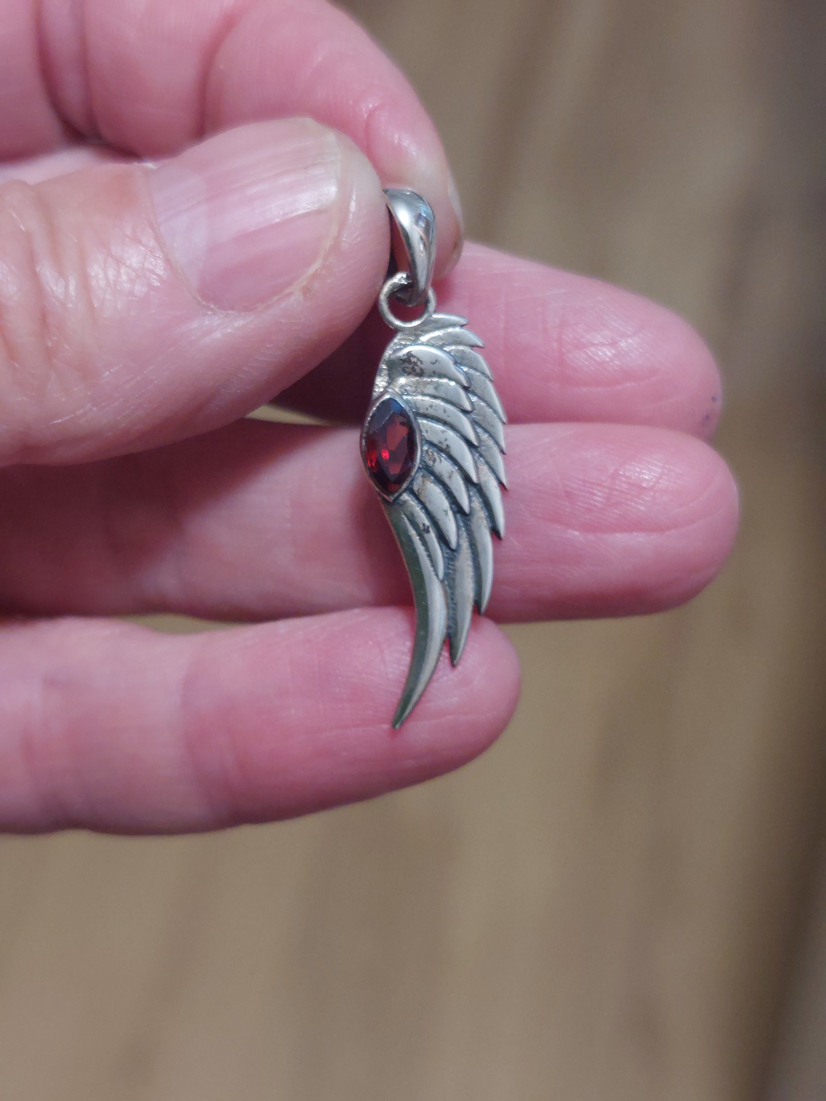 Garnet Angel Wing / Feather Pendant - 925 Sterling Silver