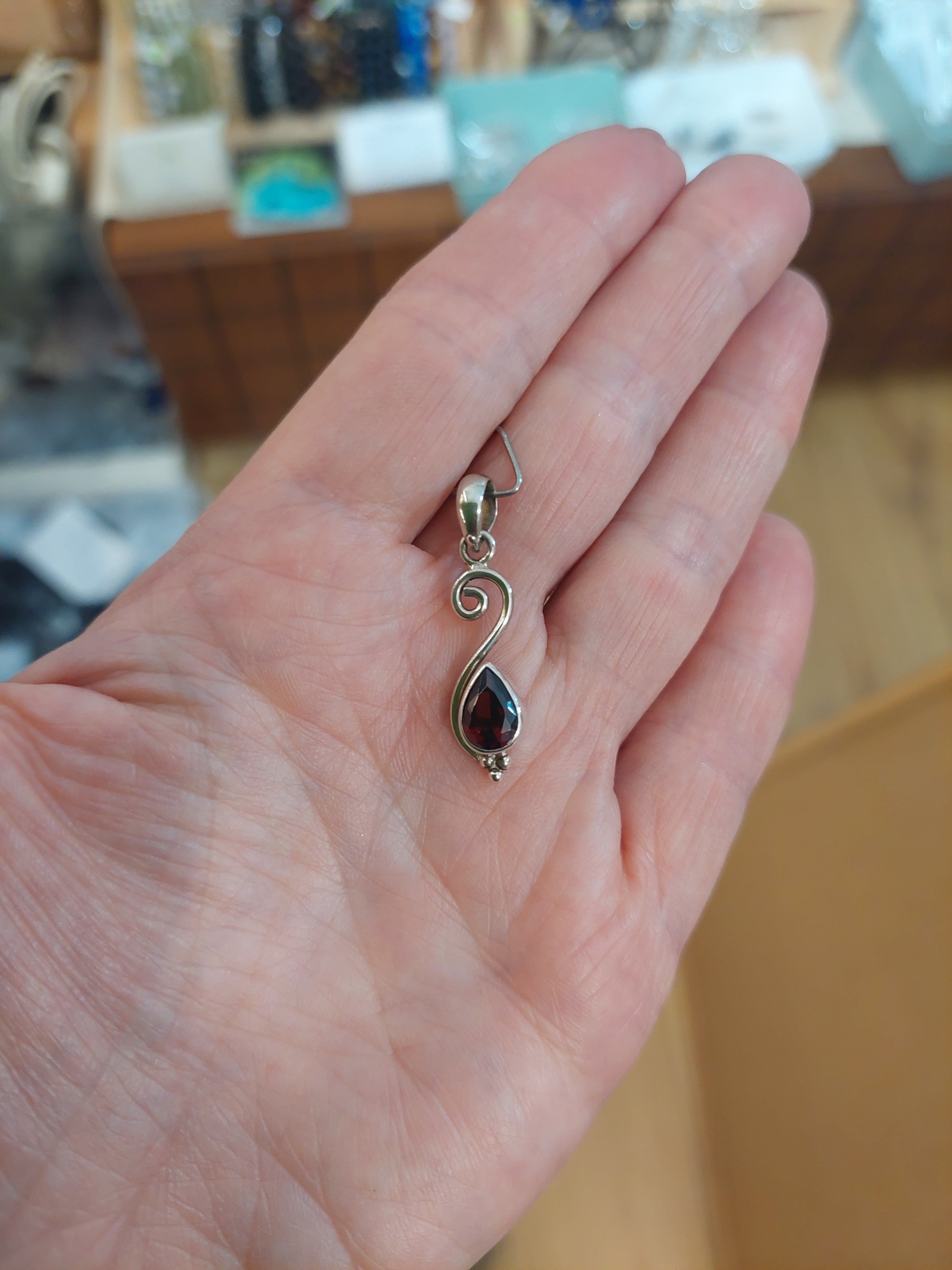 Garnet Swirl Teardrop Pendant - 925  Sterling Silver