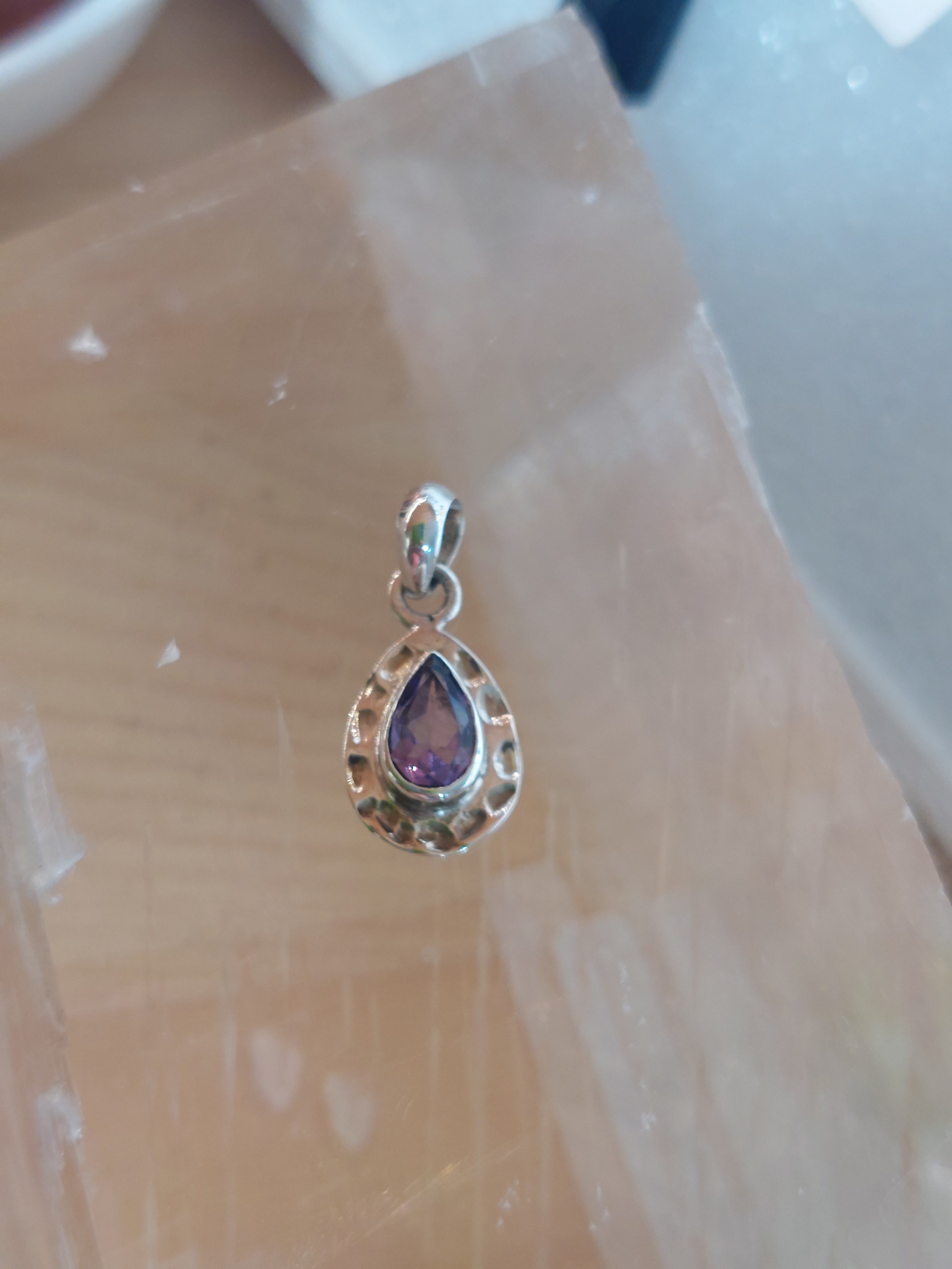 Amethyst Faceted Teardrop Pendant with hammered finish - 925 Sterling Silver