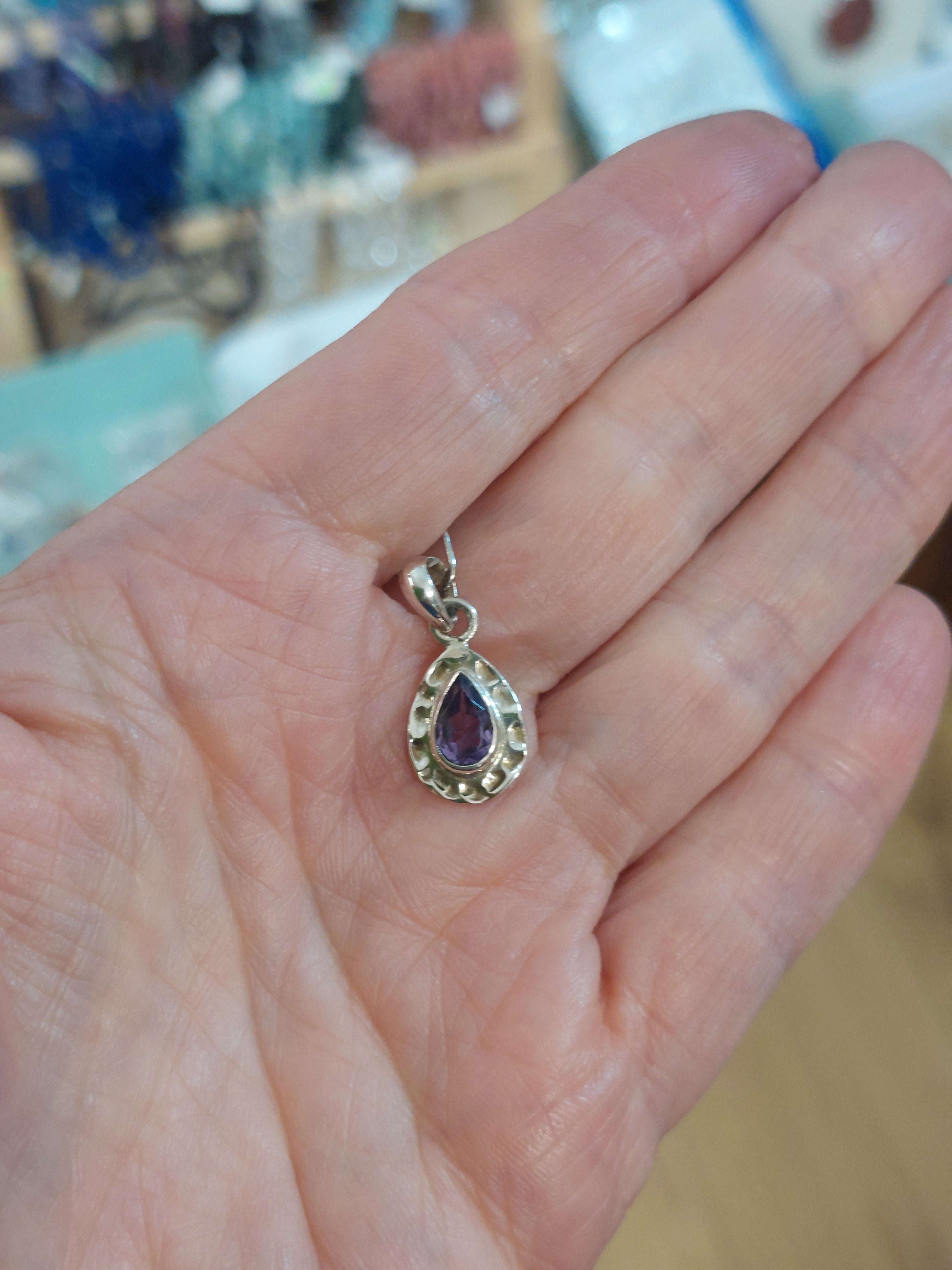 Amethyst Faceted Teardrop Pendant with hammered finish - 925 Sterling Silver