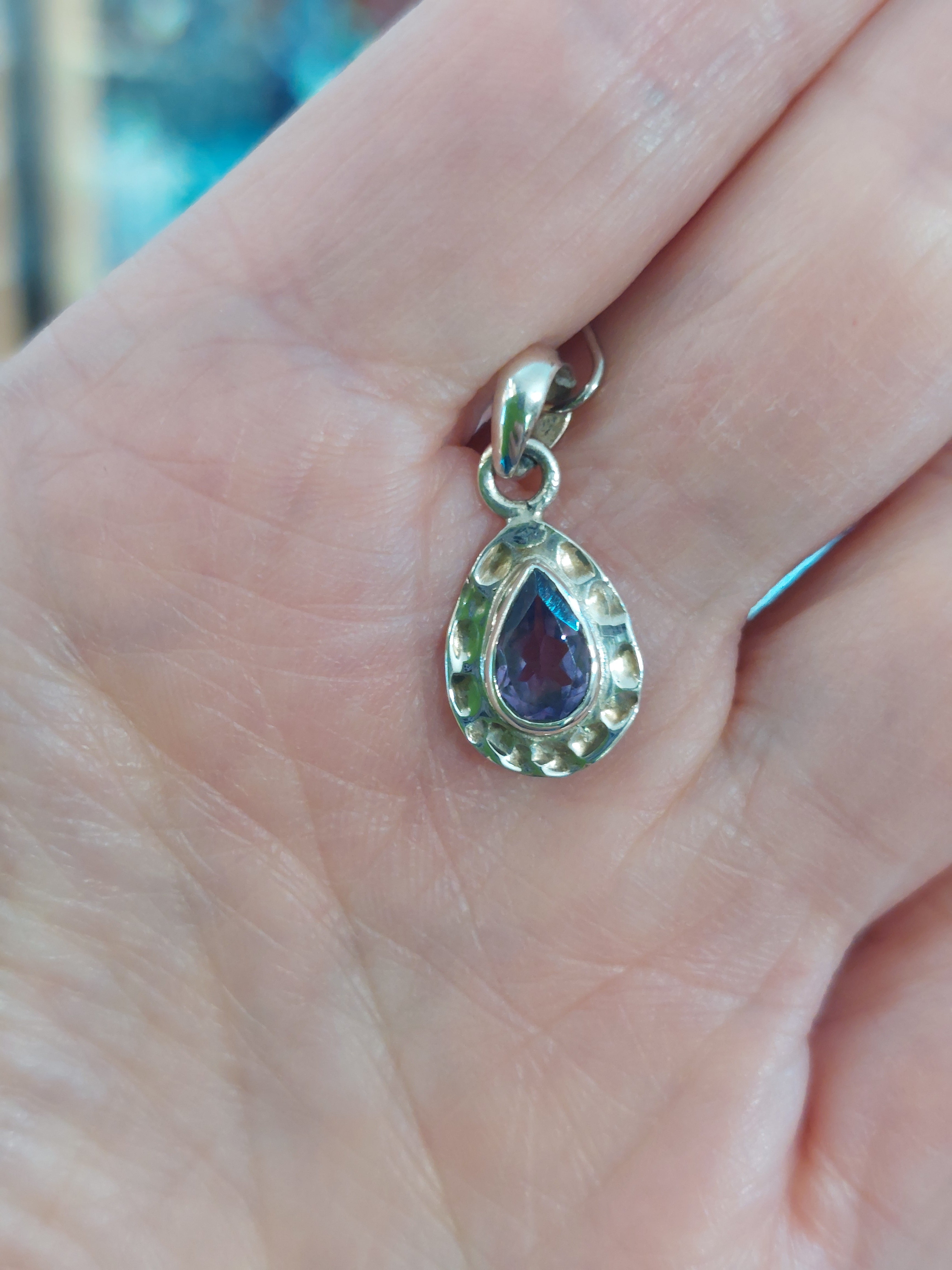 Amethyst Faceted Teardrop Pendant with hammered finish - 925 Sterling Silver