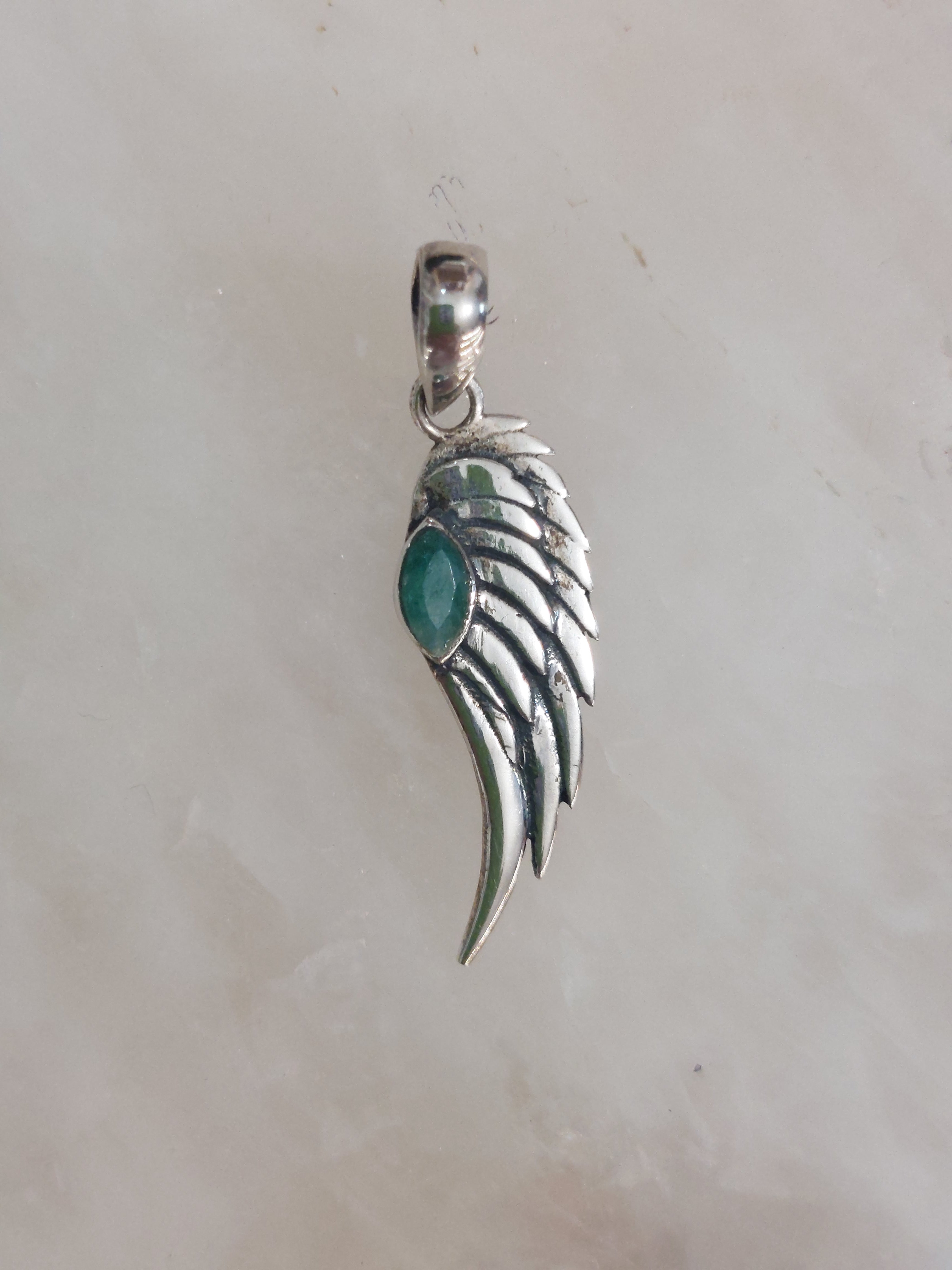 Emerald Feather / Angel Wing Pendant - 925 Sterling Silver