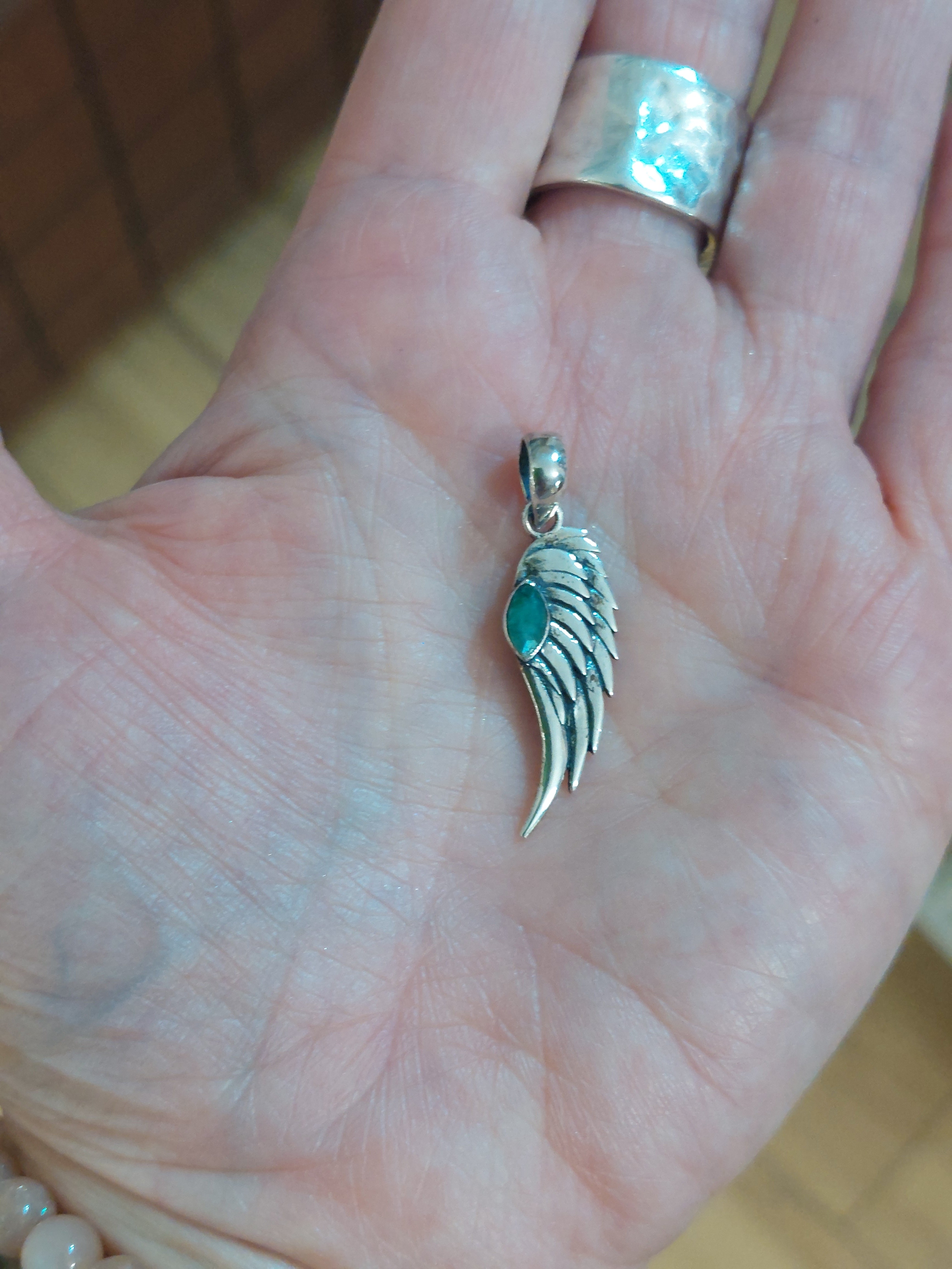 Emerald Feather / Angel Wing Pendant - 925 Sterling Silver