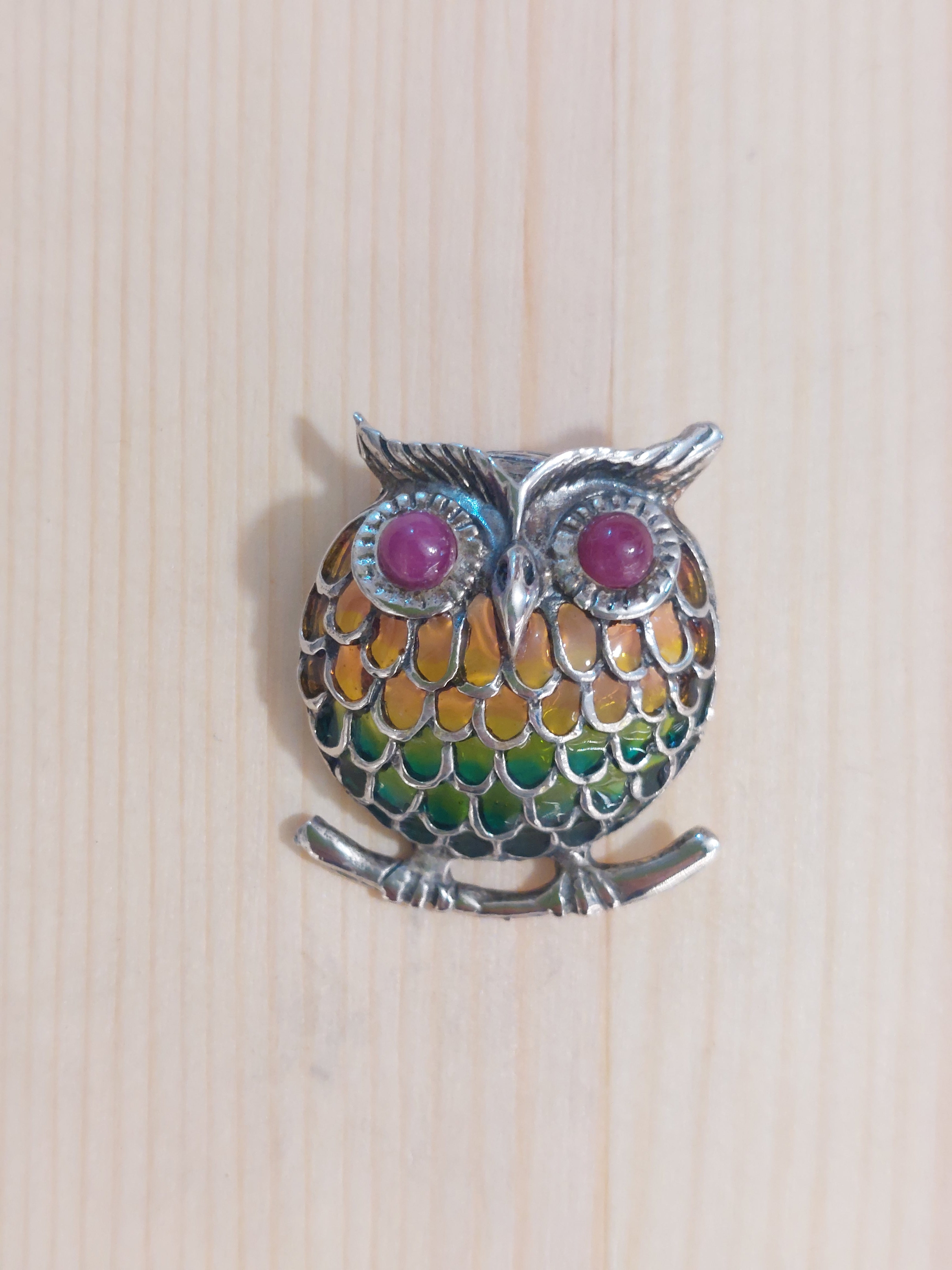 Ruby and Enamel Owl Pendant - 925 Sterling Silver