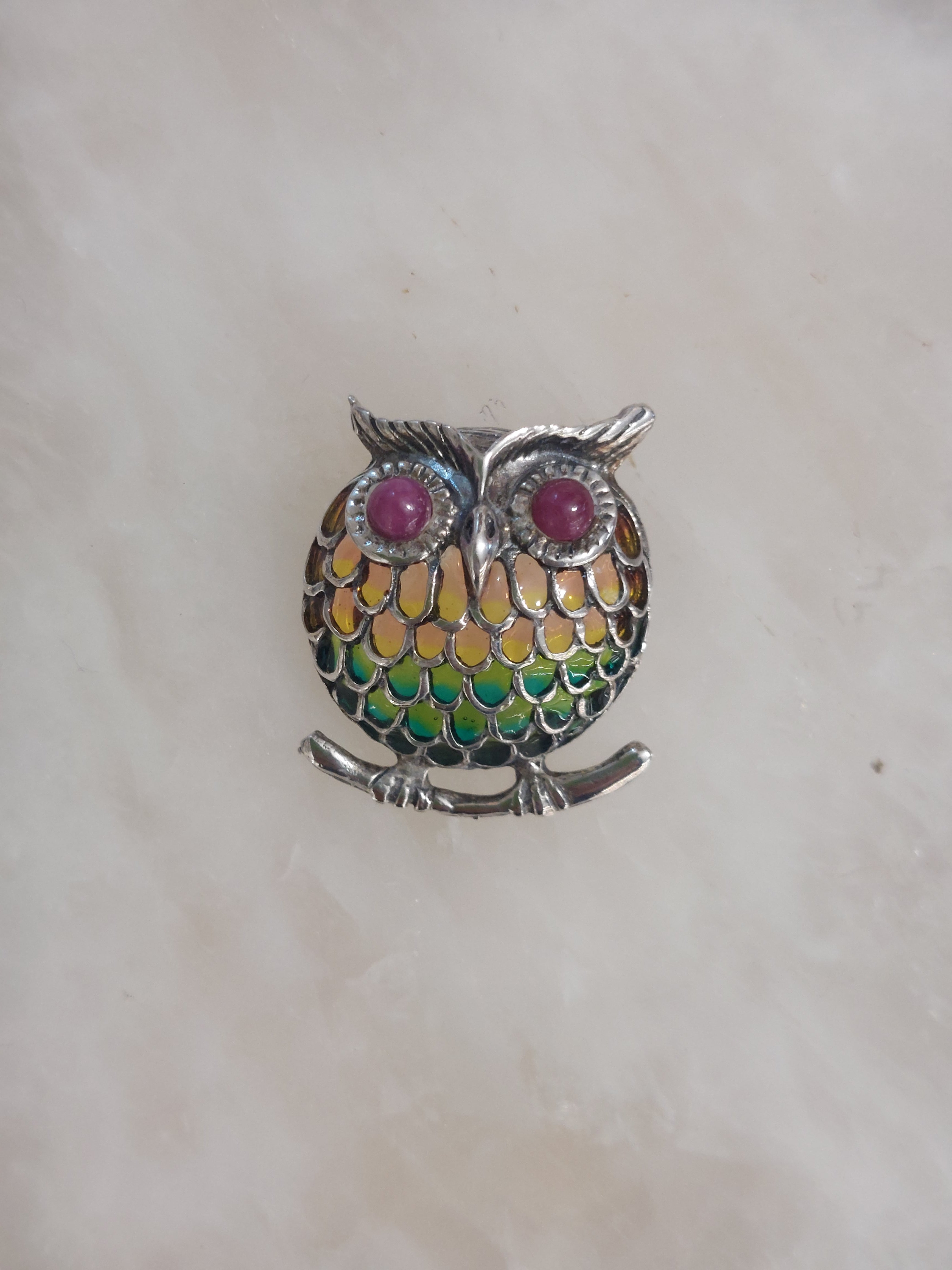 Ruby and Enamel Owl Pendant - 925 Sterling Silver