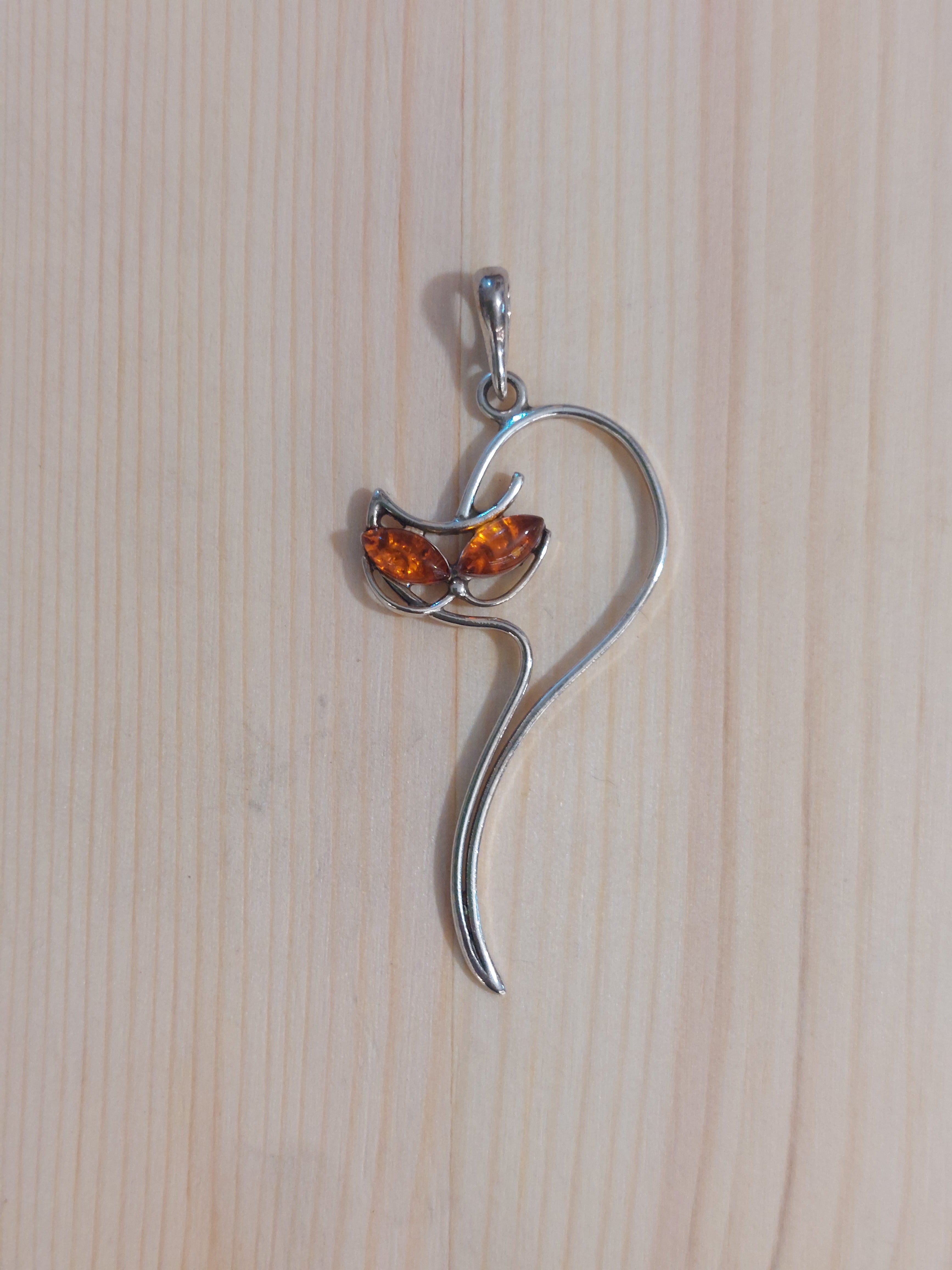 Amber Stylised Cat Pendant - 925 Sterling Silver