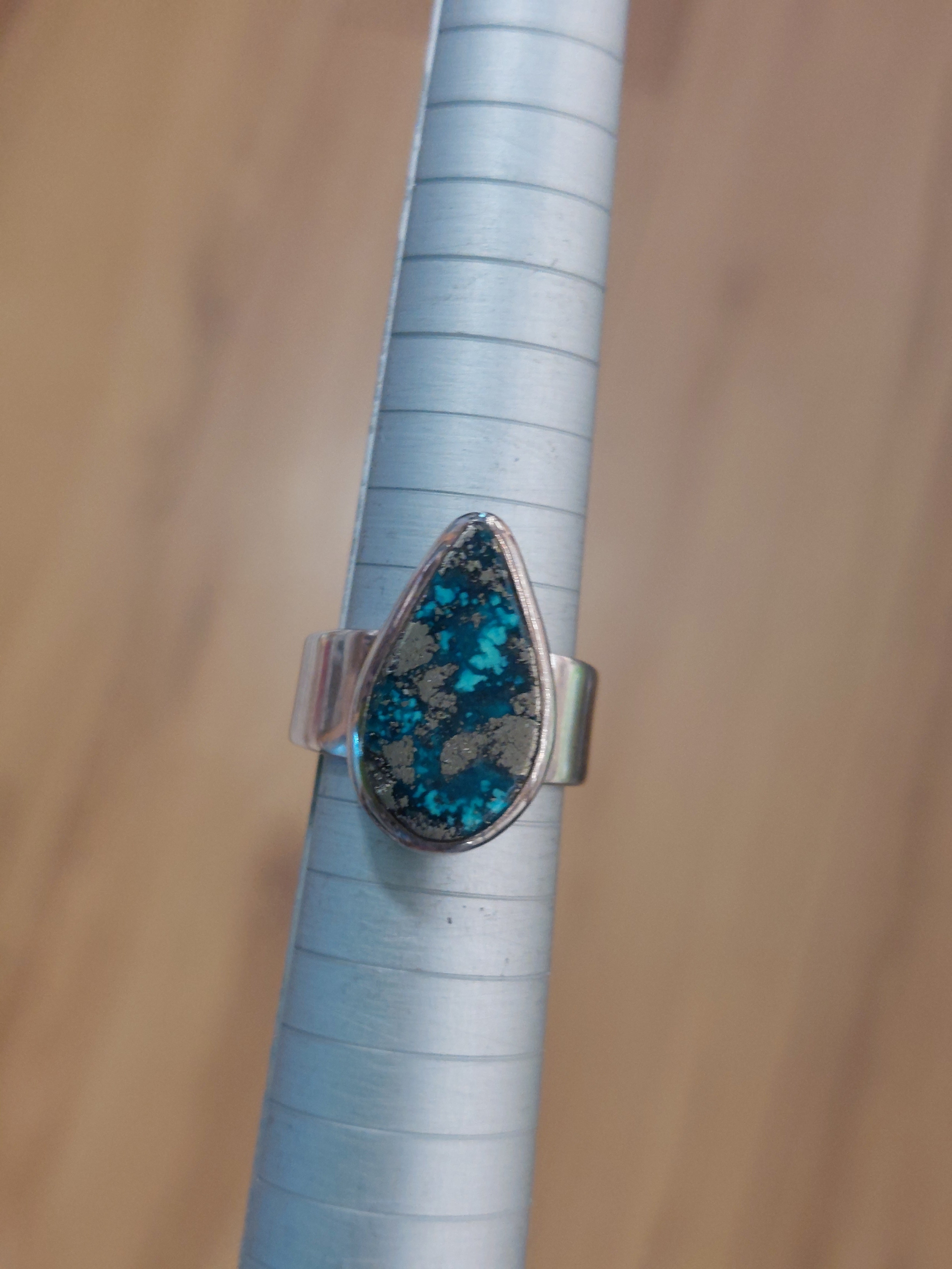 Iranian Turquoise Teardrop Ring - Size 8 - 925 Sterling Silver