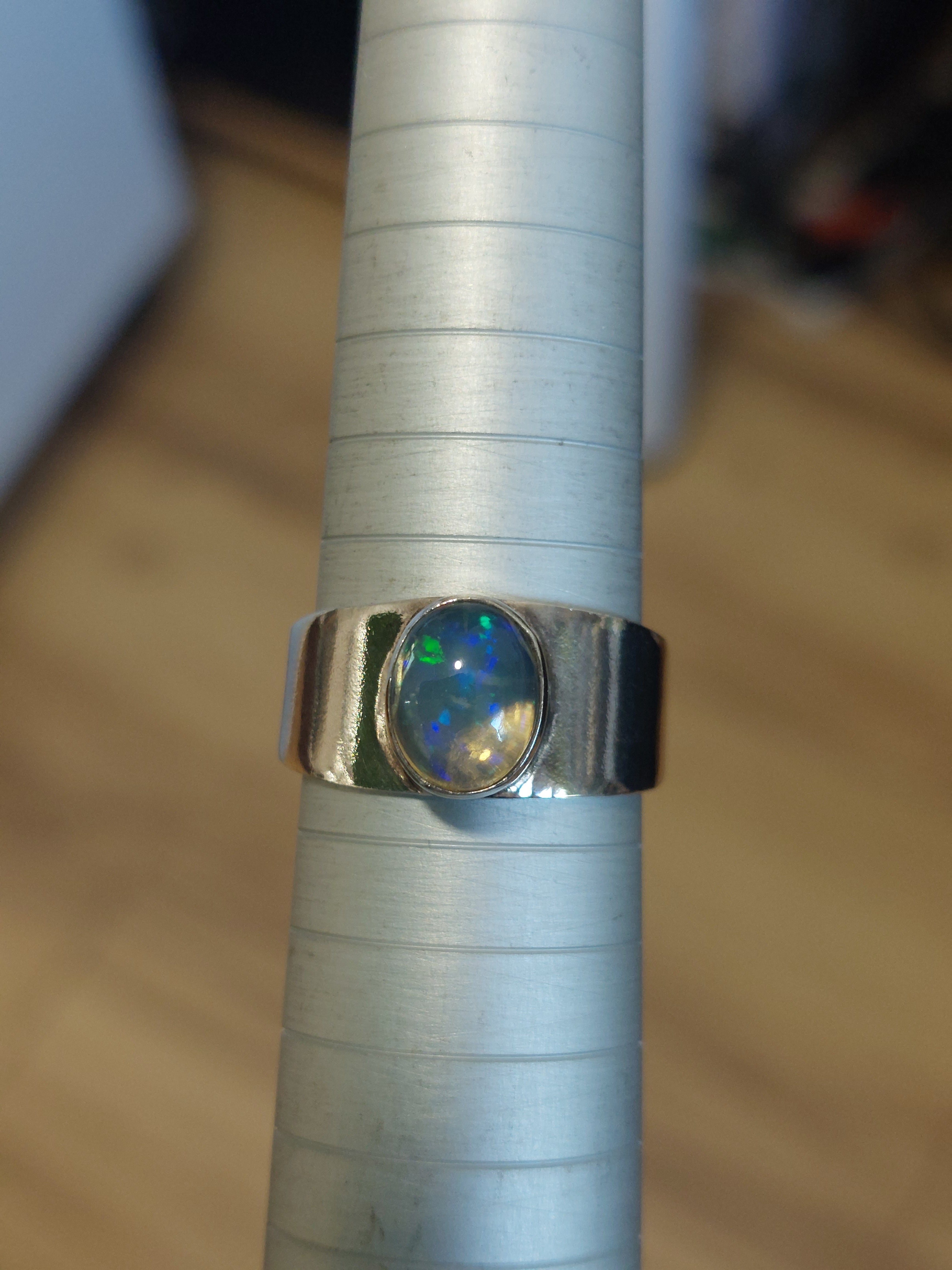 Opal Oval on Wide Band Ring - Size 9 - 925 Sterling Silver