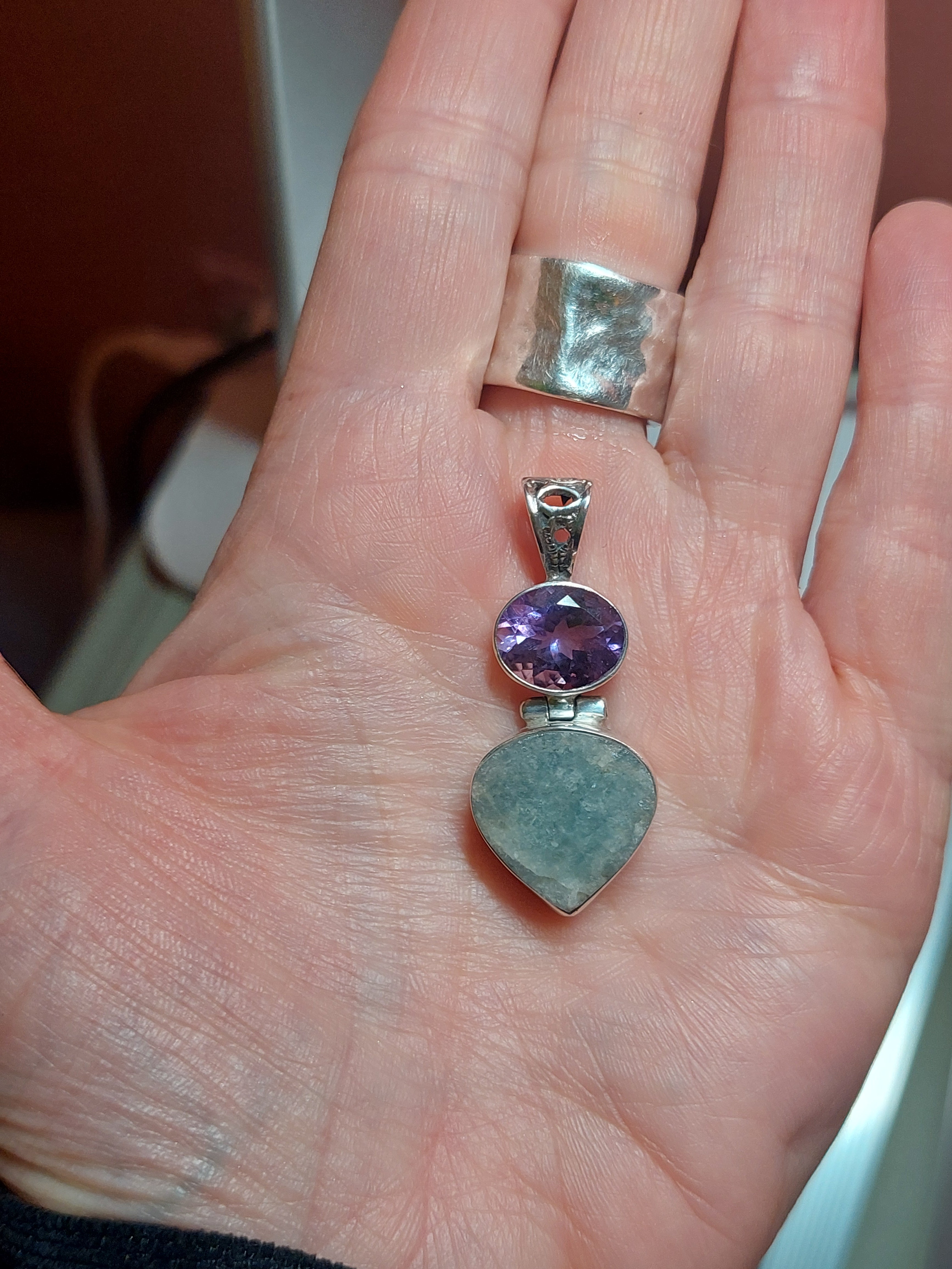Aquamarine and Amethyst Pendant - 925 Sterling Silver