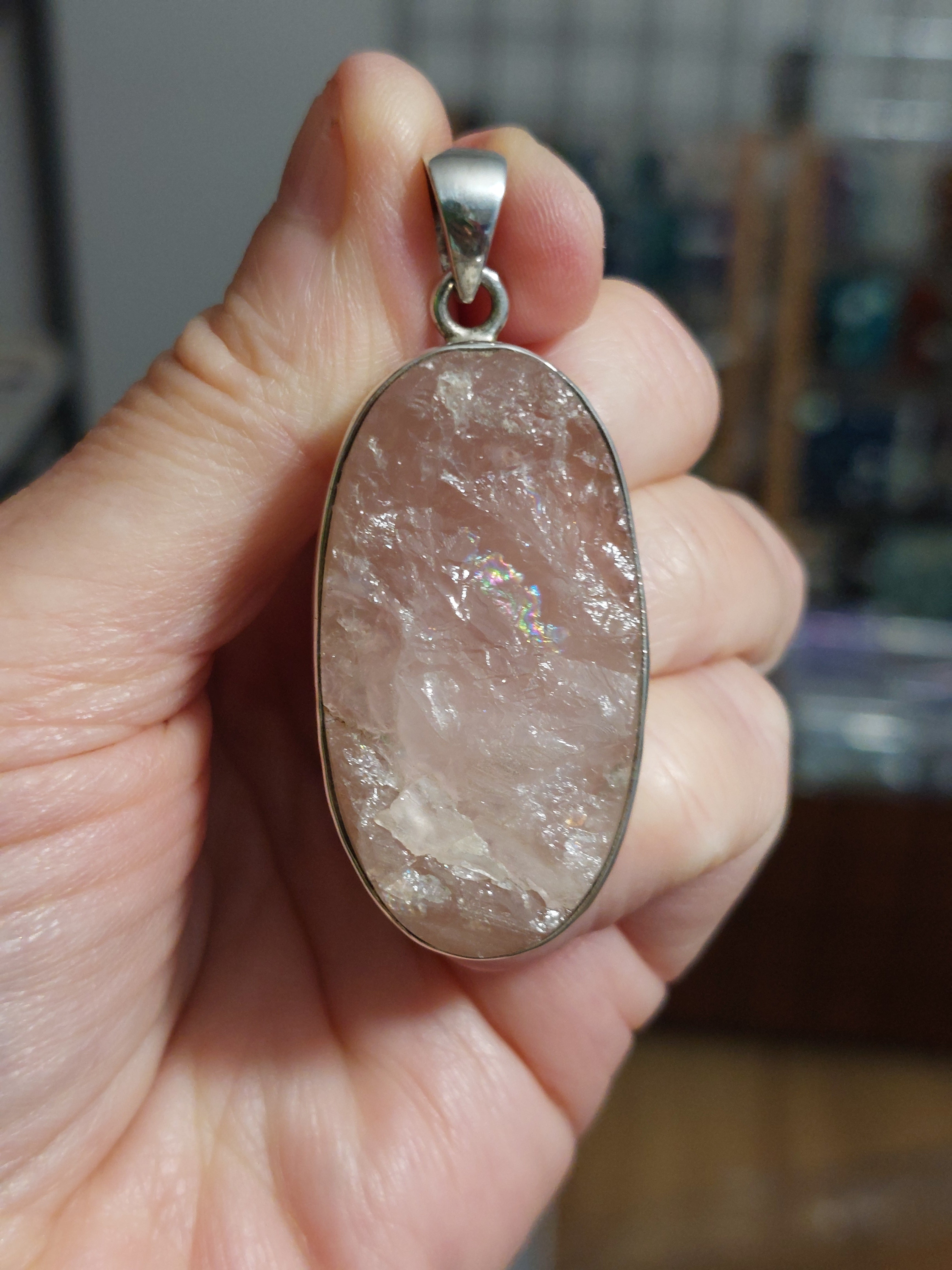 Rose Quartz Unpolished Oval Chunky Pendant set in Sterling Silver