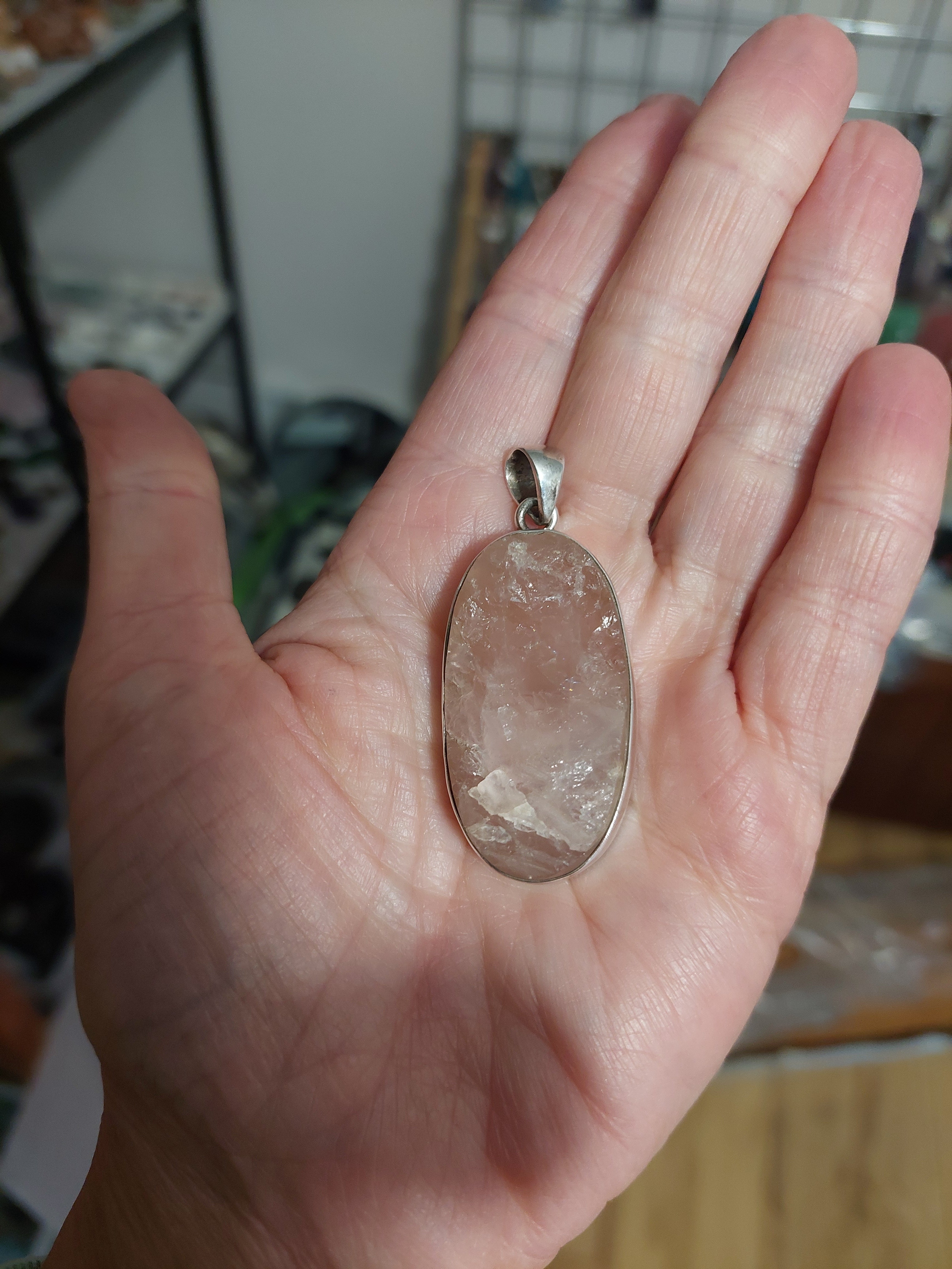 Rose Quartz Unpolished Oval Chunky Pendant set in Sterling Silver