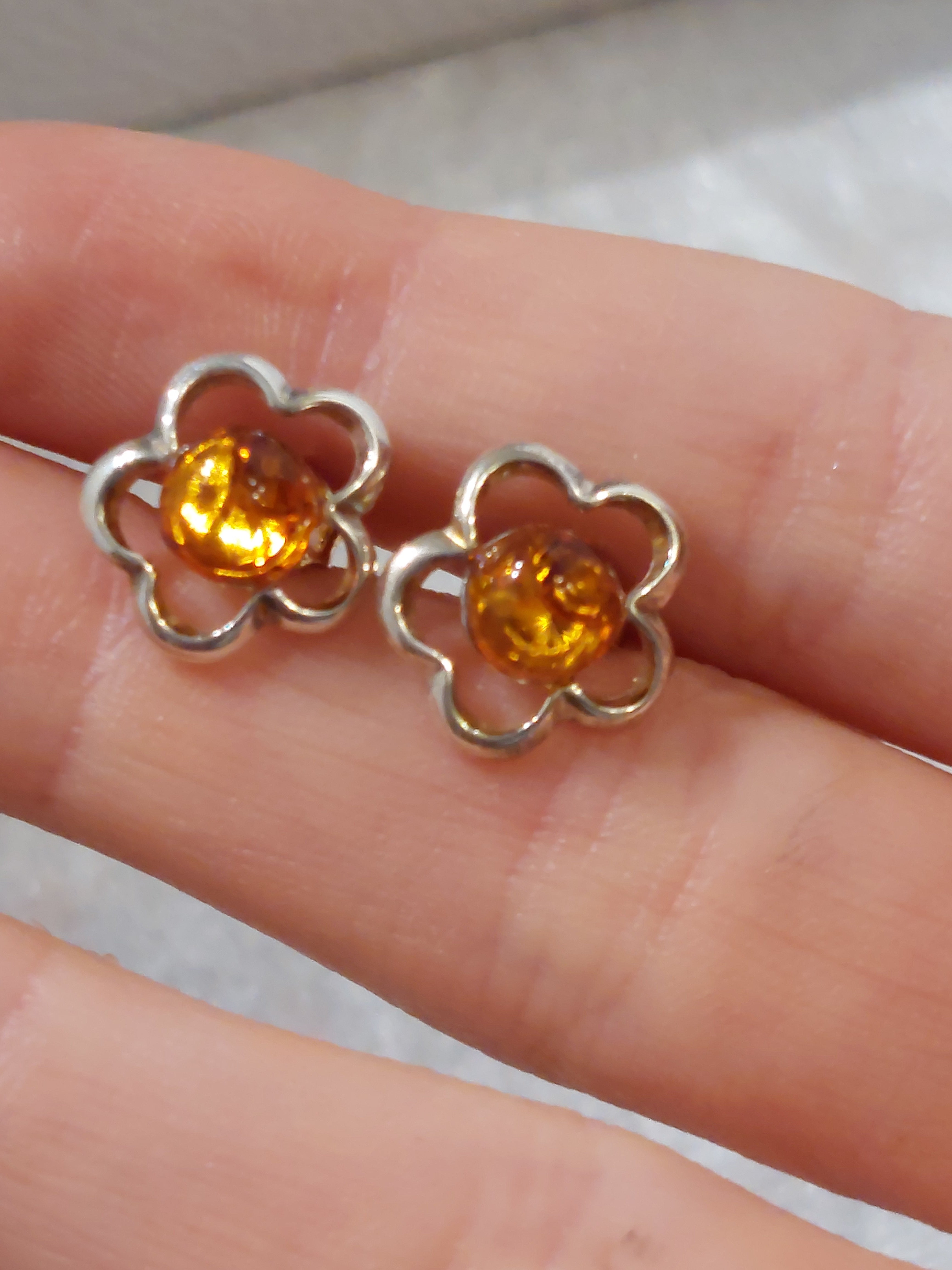Amber Flower Stud Earrings - 925 Sterling Silver