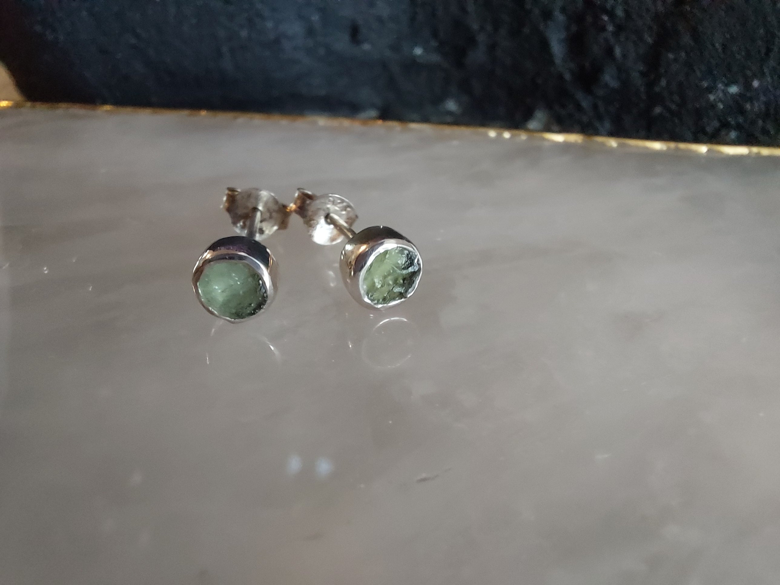 Moldavite Round Stud Earrings - 925 Sterling Silver
