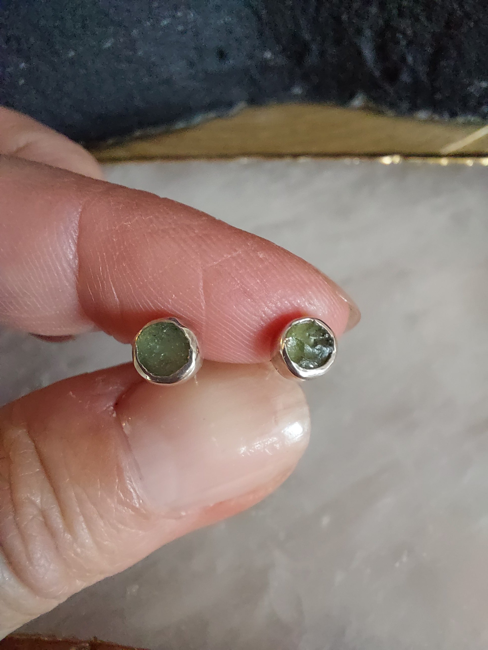 Moldavite Round Stud Earrings - 925 Sterling Silver