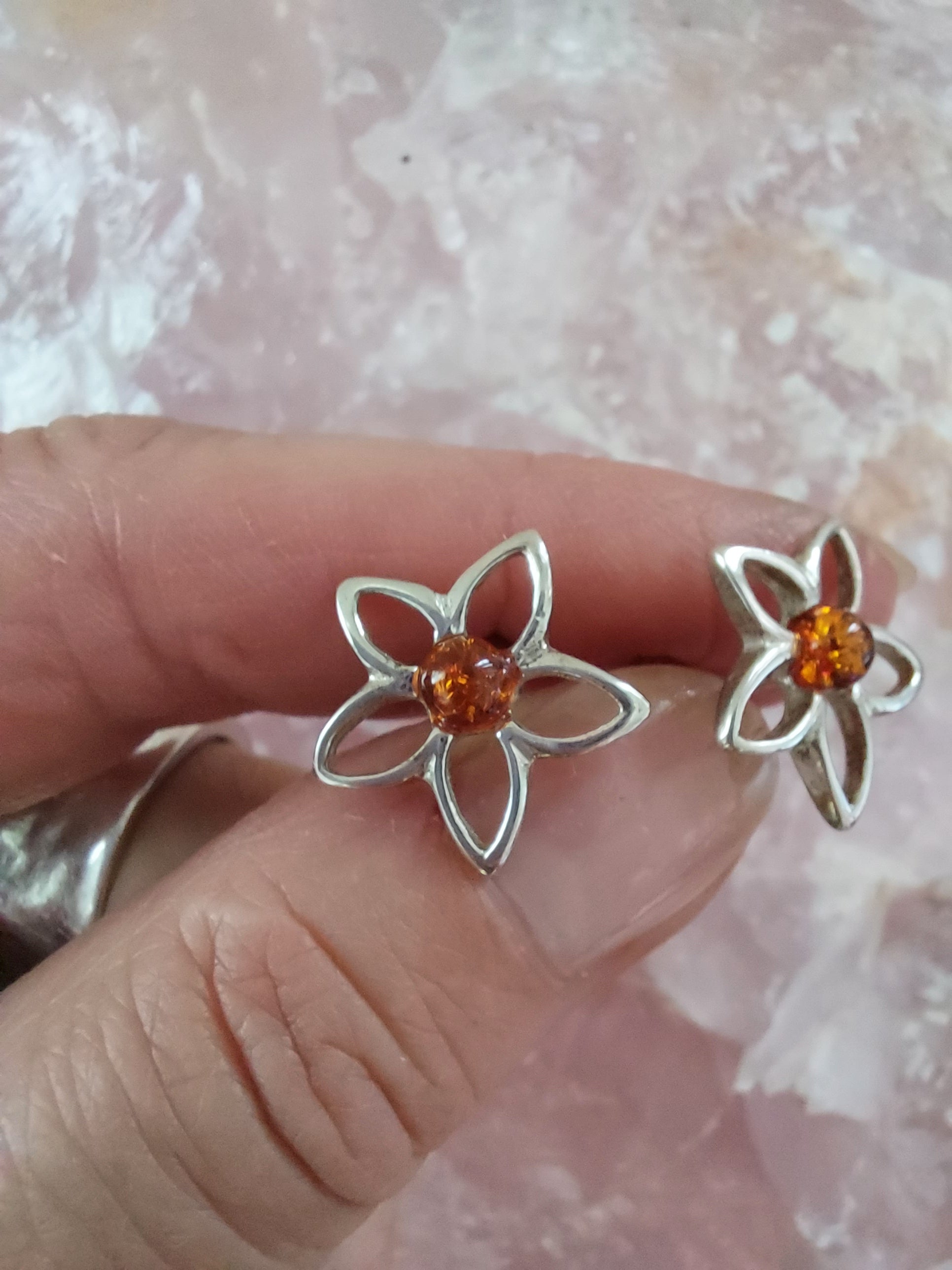 Amber Flower Stud Earrings - 925 Sterling Silver
