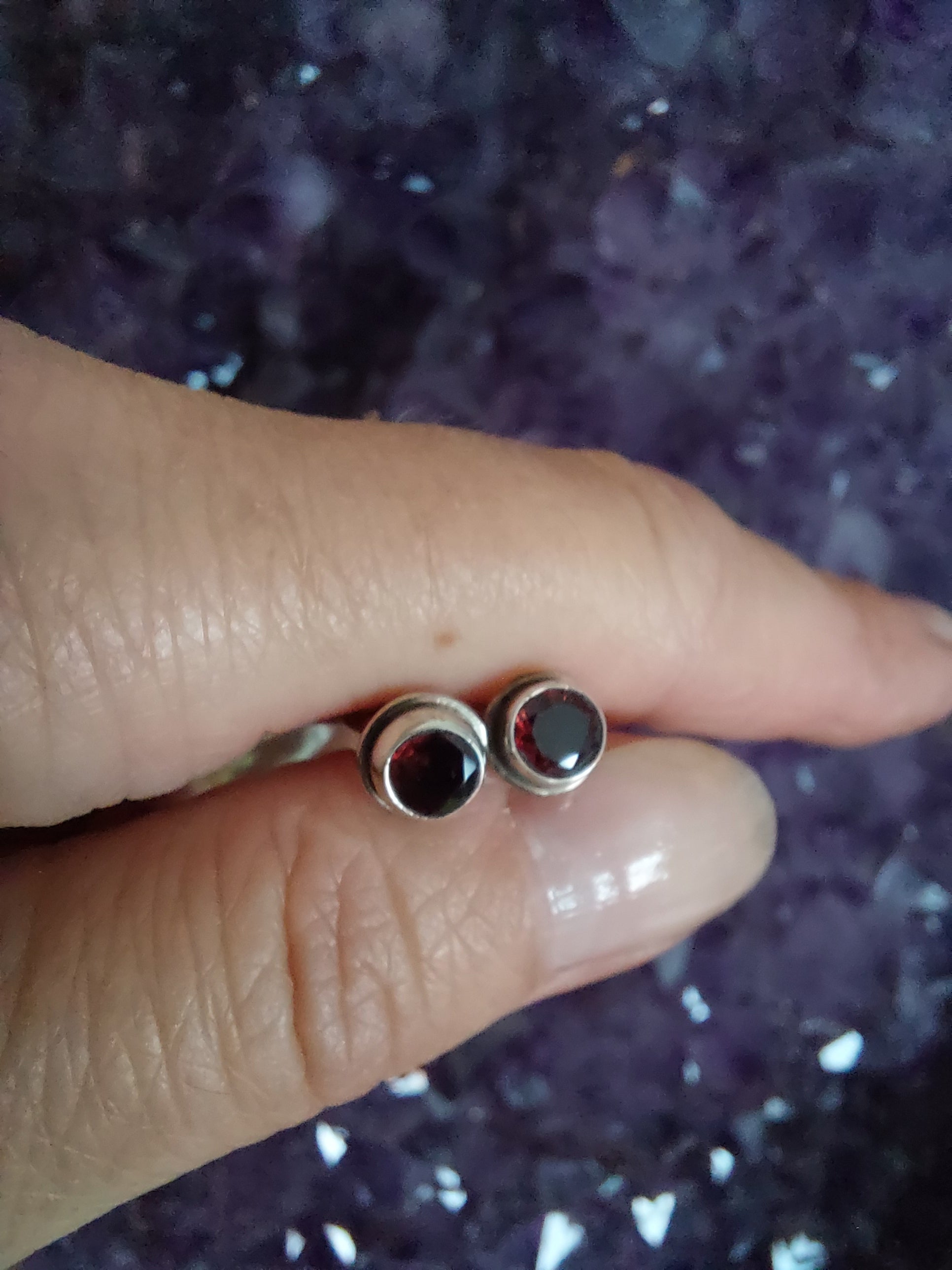 Garnet Round Faceted Stud Earrings - 0.6mm Diameter -  925 Sterling Silver